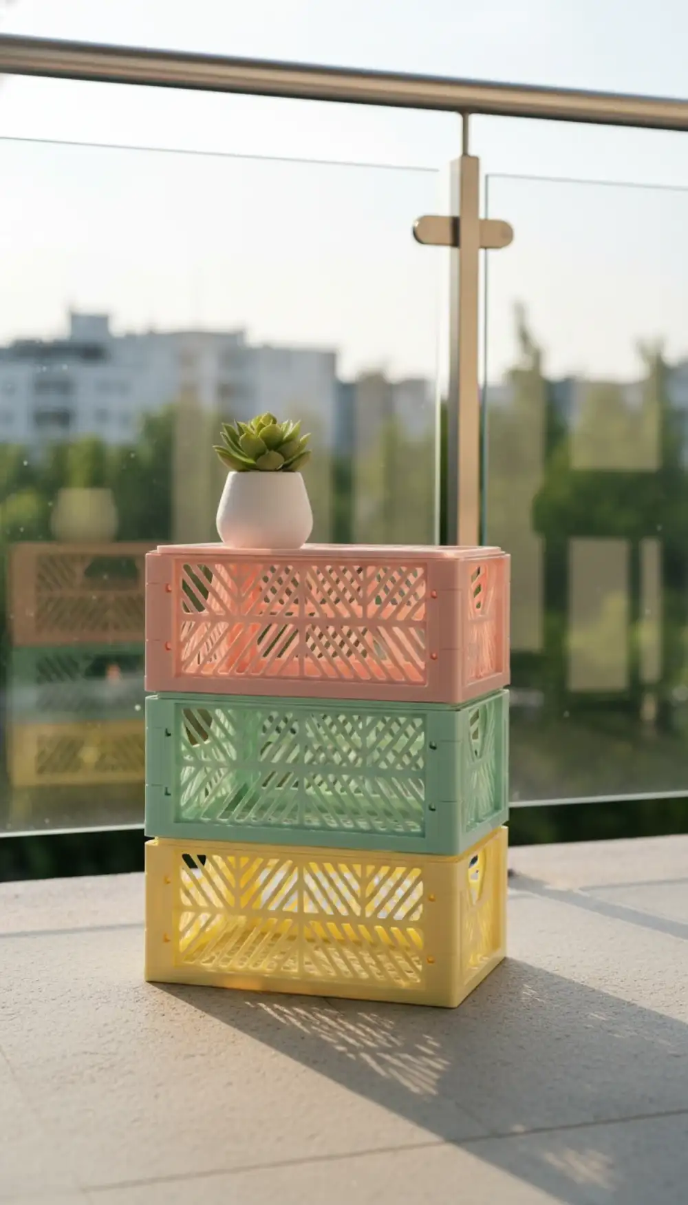 Stack of pastel pink, yellow, and mint foldable plastic crates