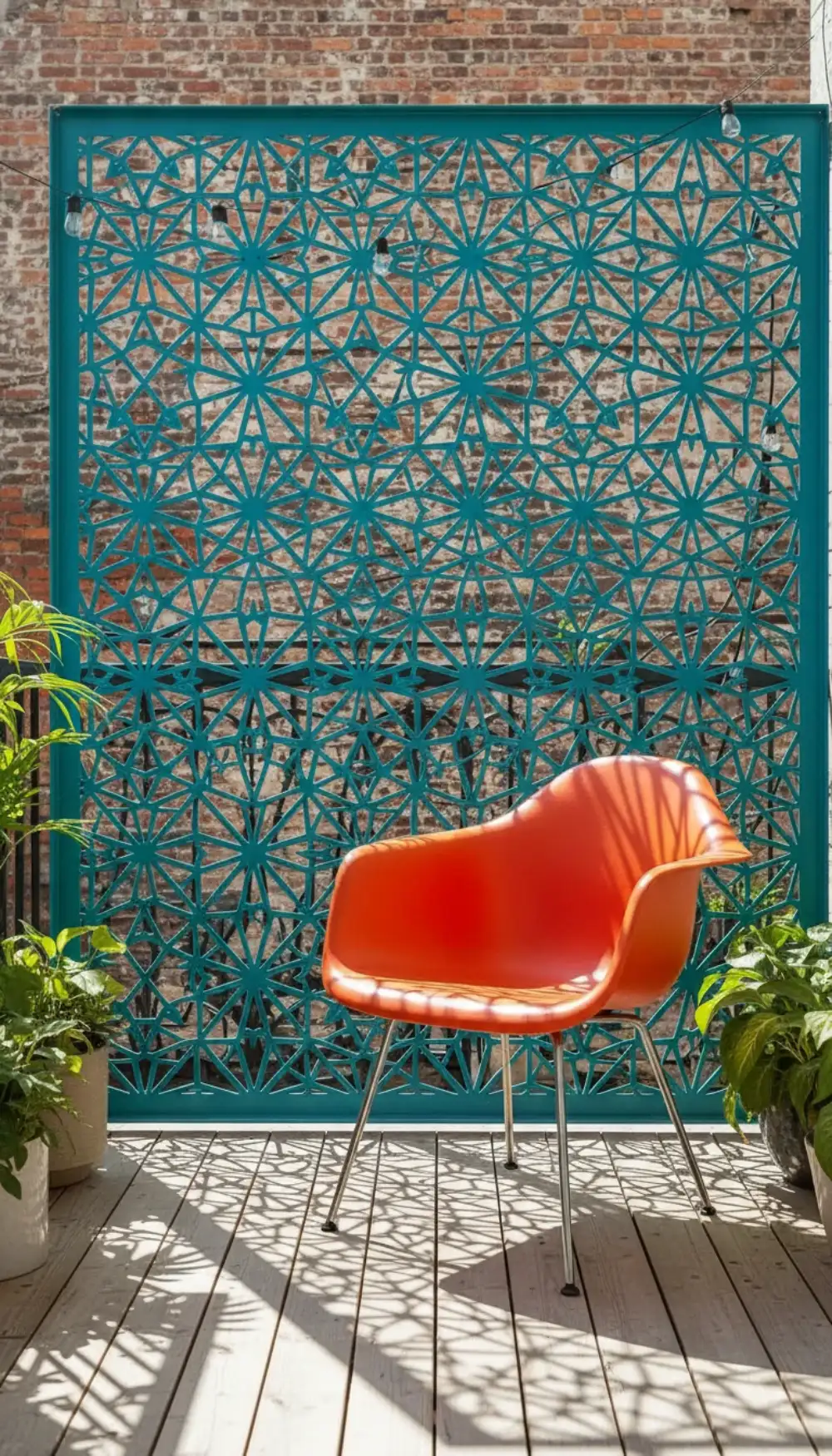Laser-cut metal privacy screen painted in vibrant turquoise