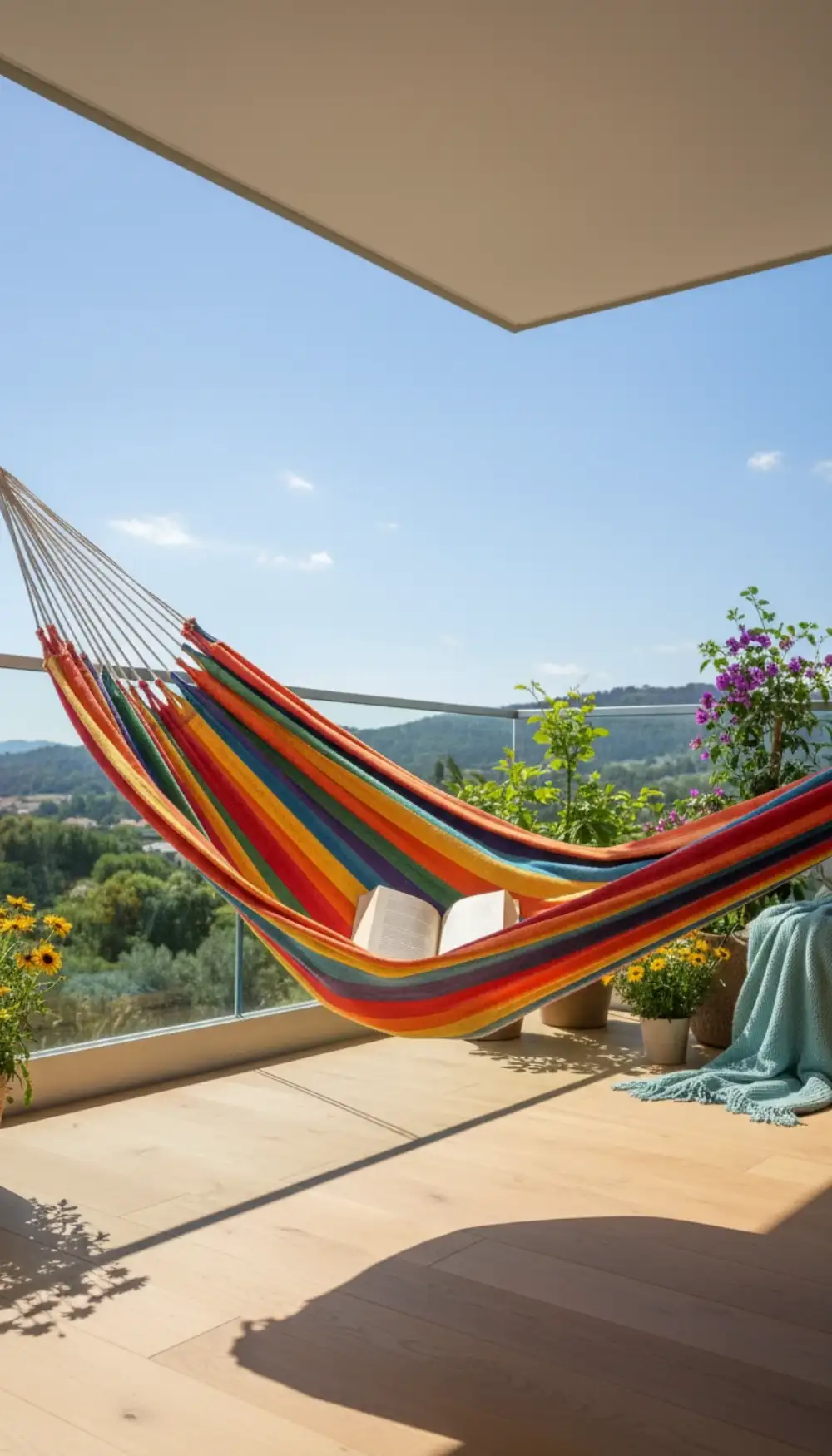 Multi-colored striped hammock hanging on a balcony