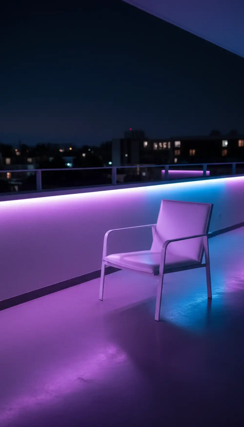 Under-railing LED strip lights glowing purple on a balcony