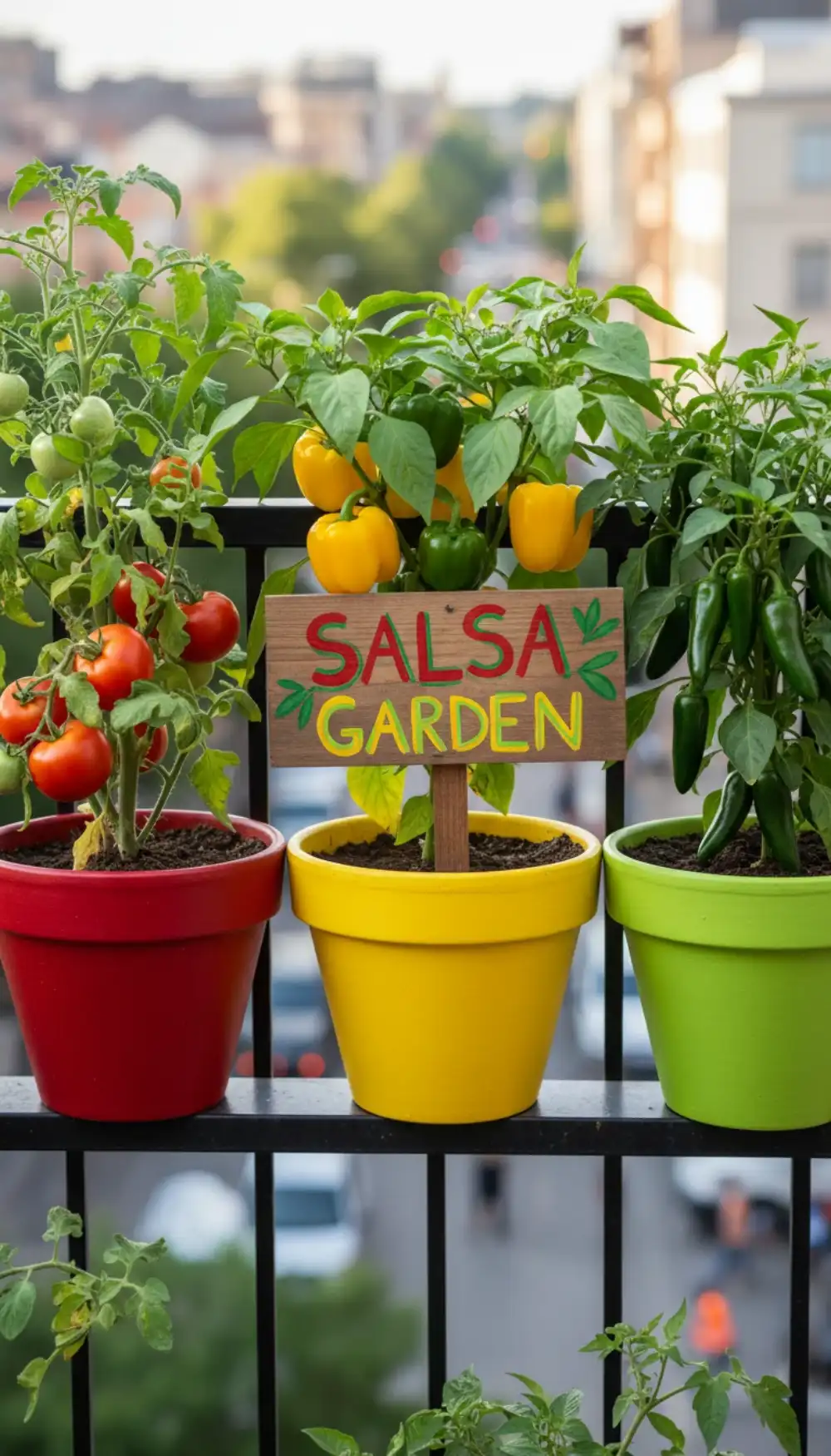 Pots of red tomatoes, yellow peppers, and green jalapenos