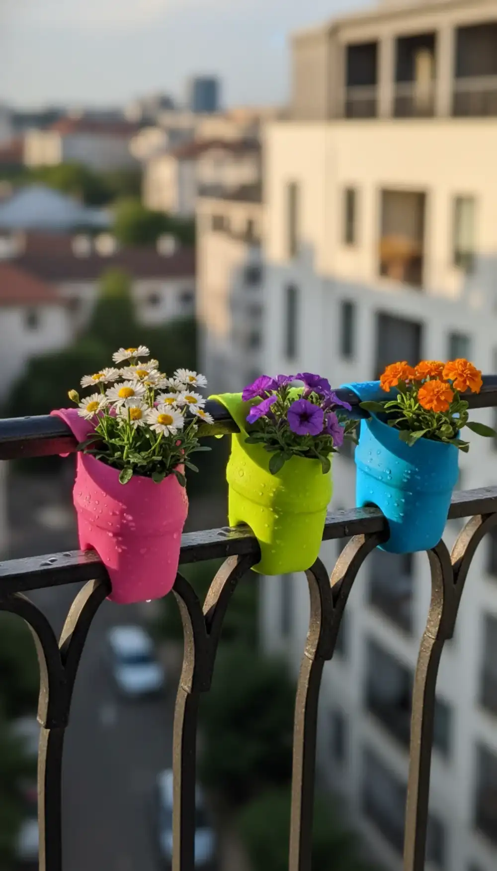 Brightly colored flexible silicone pots on a balcony railing