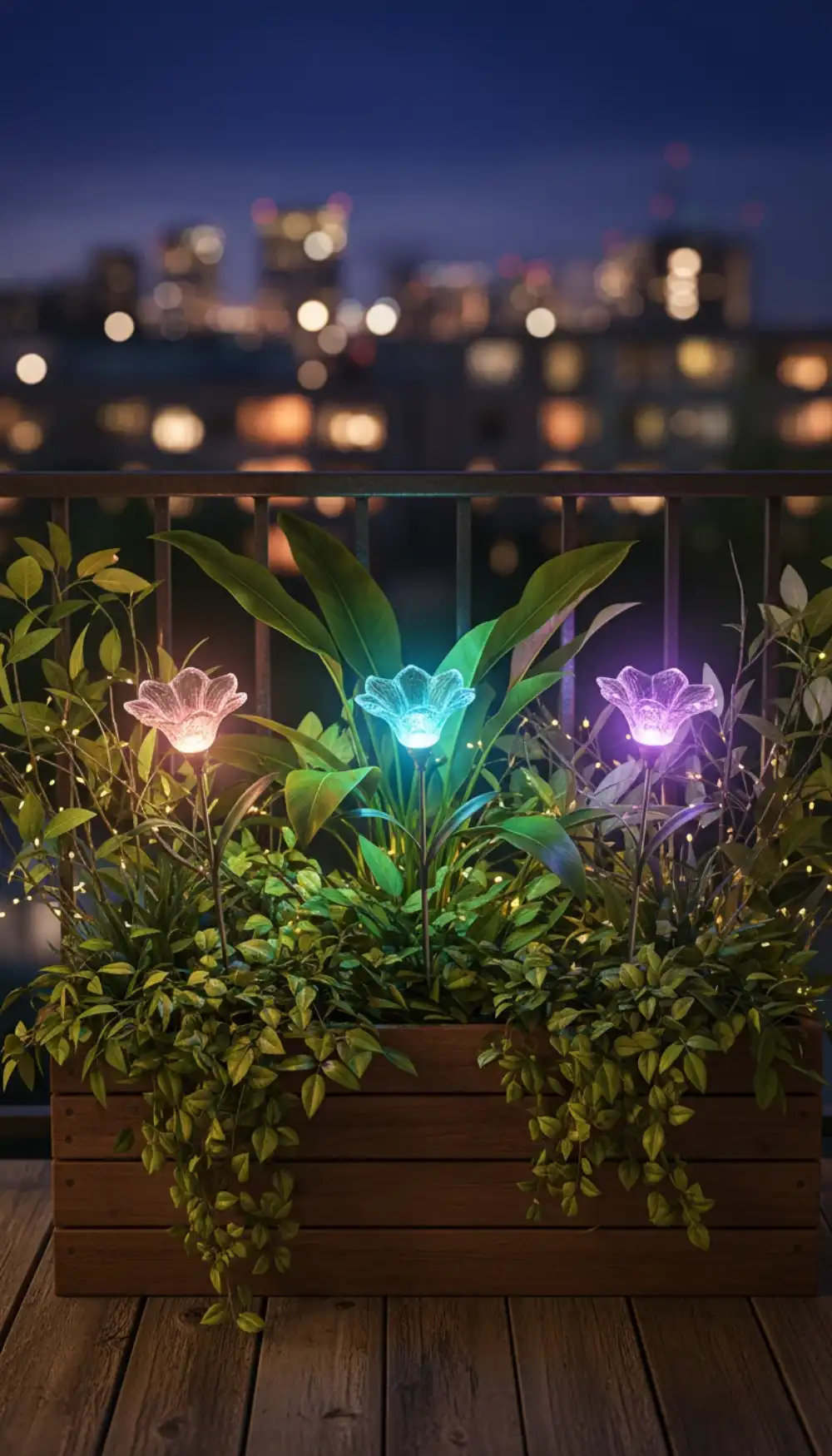 Glass flower solar stake lights glowing in balcony pots at night