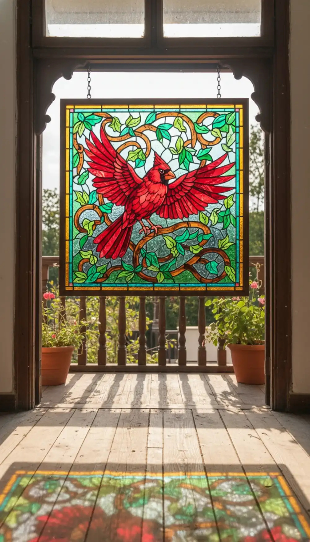 Colorful stained glass bird suncatcher hanging in a balcony window