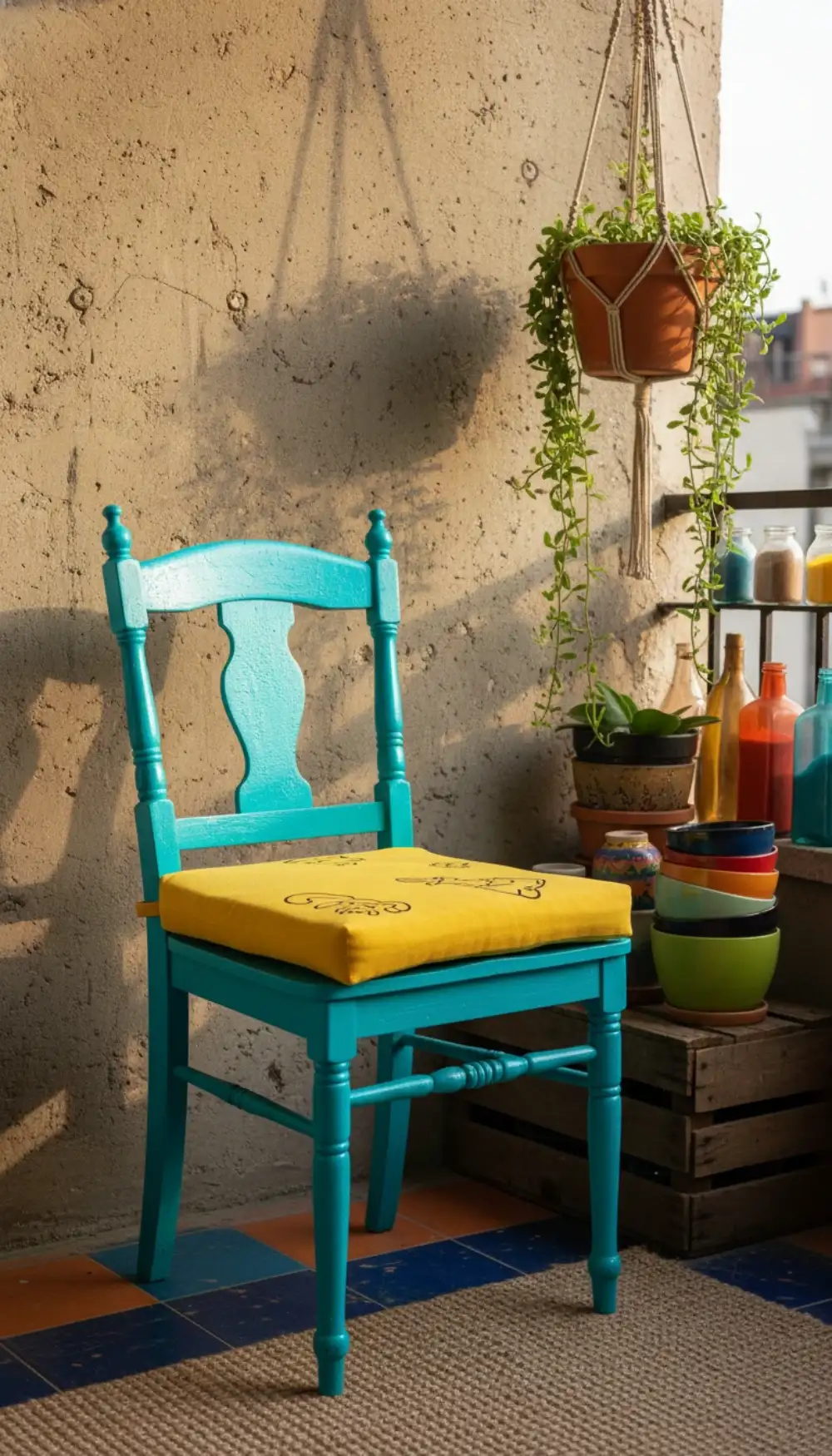 Vintage wooden chair painted bright turquoise with a yellow cushion
