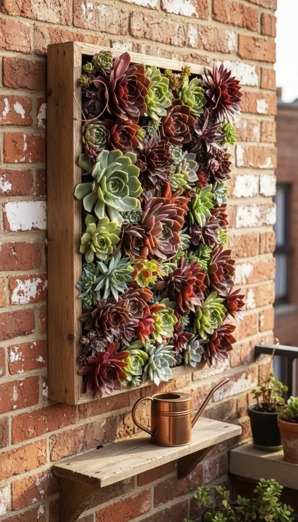 Wooden picture frame filled with colorful rosettes of succulents on a wall