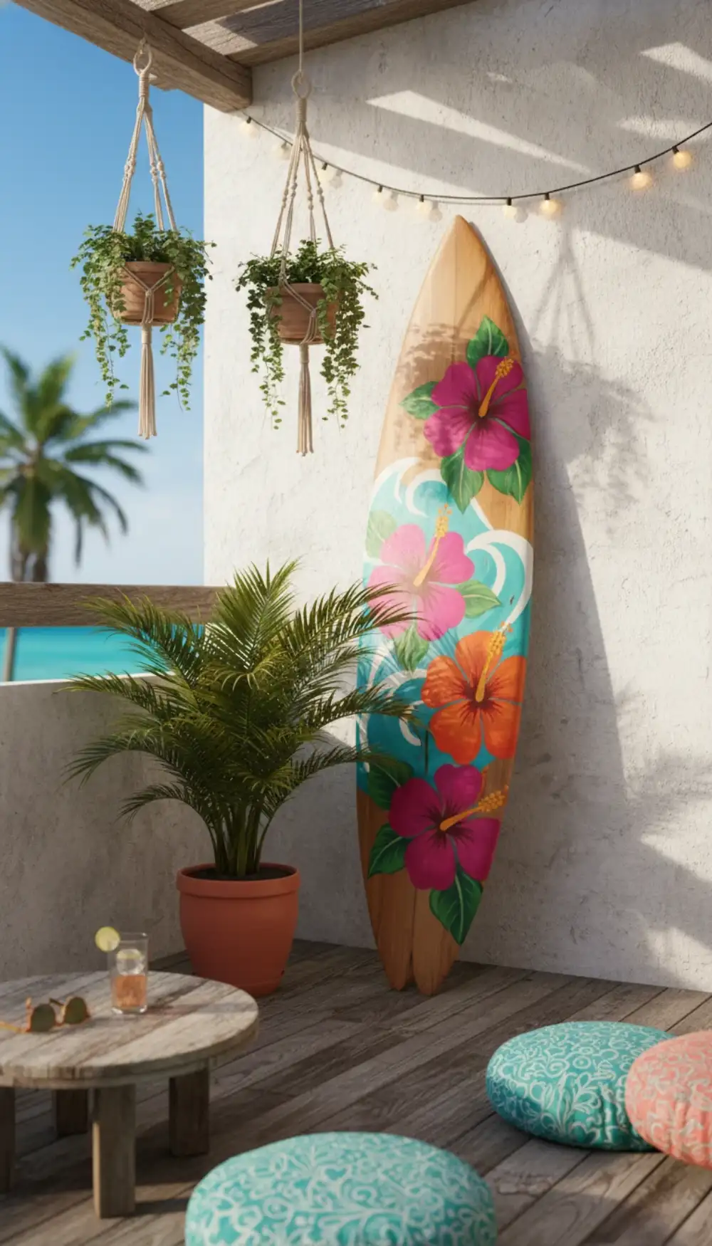 Brightly painted surfboard leaning against a balcony wall