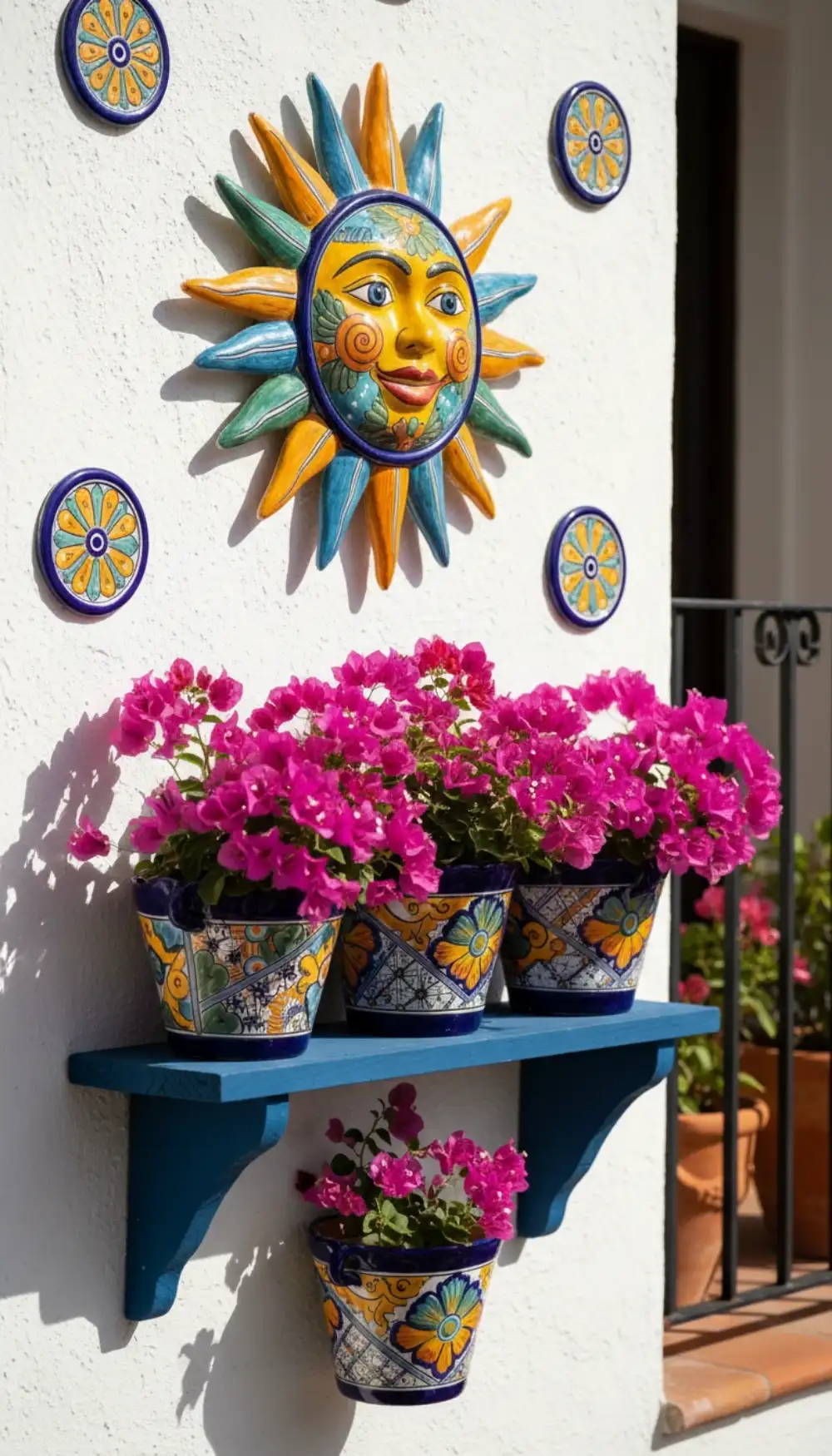 Mexican Talavera pottery wall art and pots on a balcony