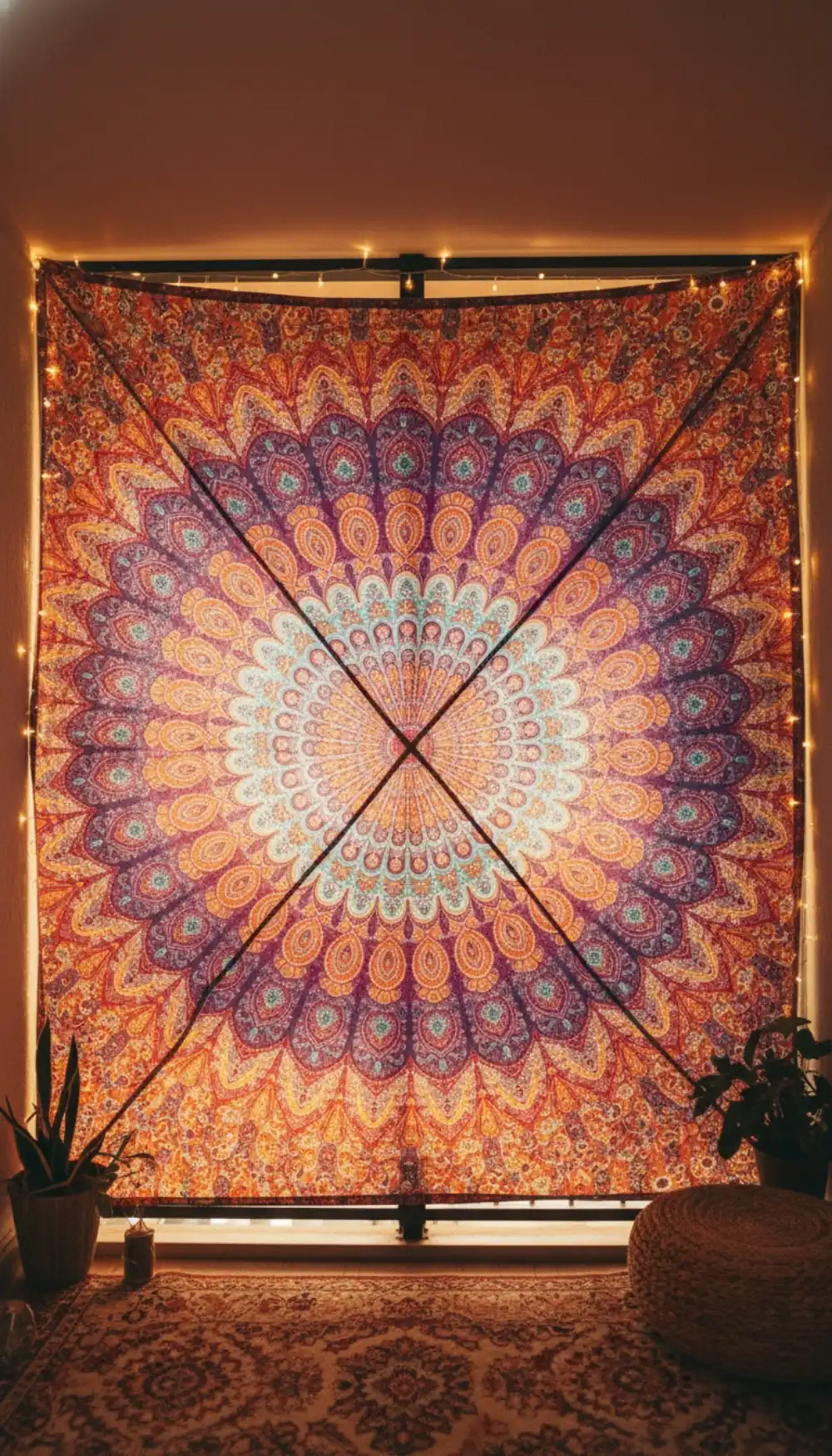Colorful mandala tapestry pinned to the balcony ceiling as shade