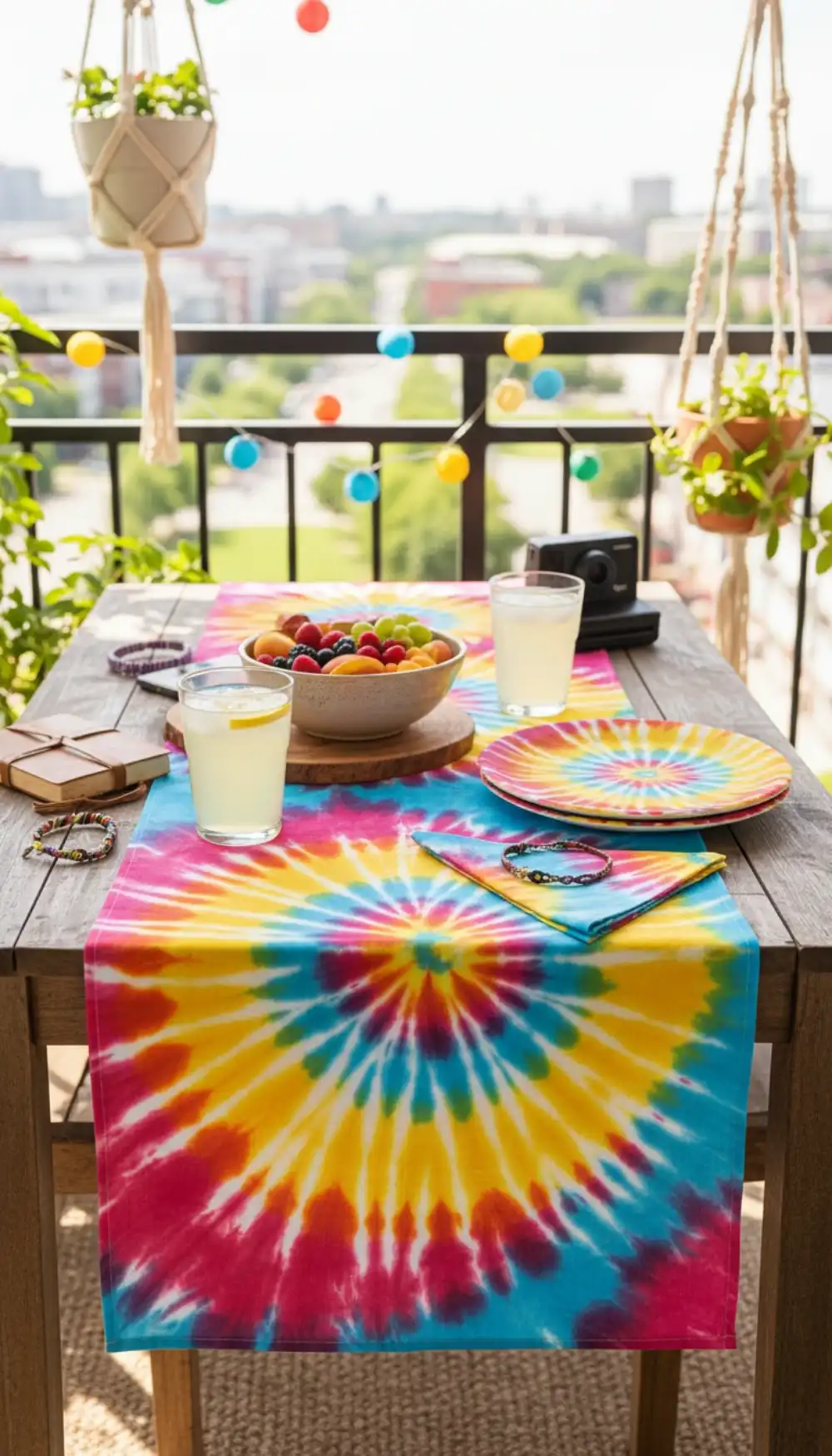Tie-dye pillows and table runner in rainbow colors on a balcony
