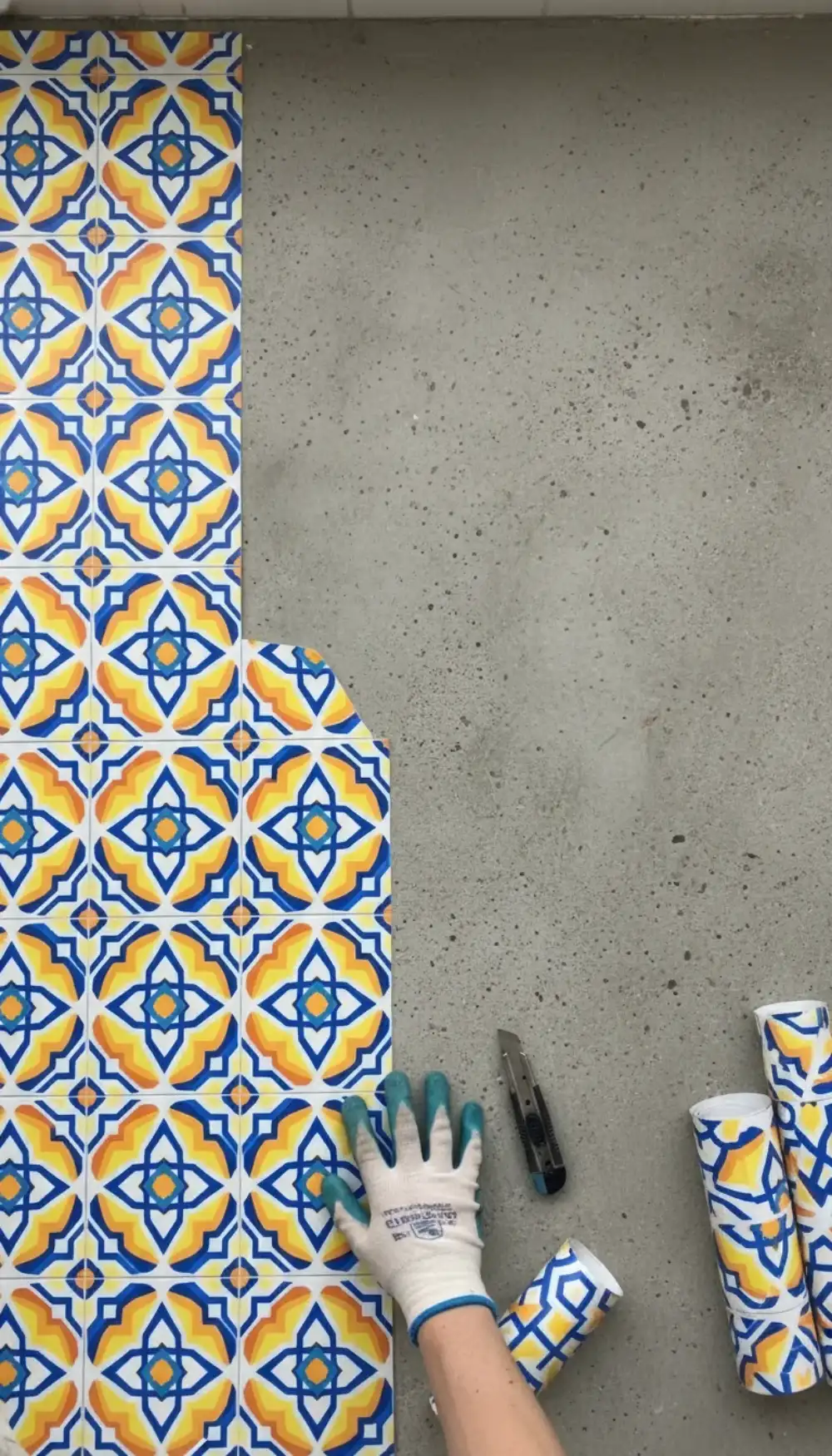 Concrete balcony floor covered in colorful Moroccan tile stickers