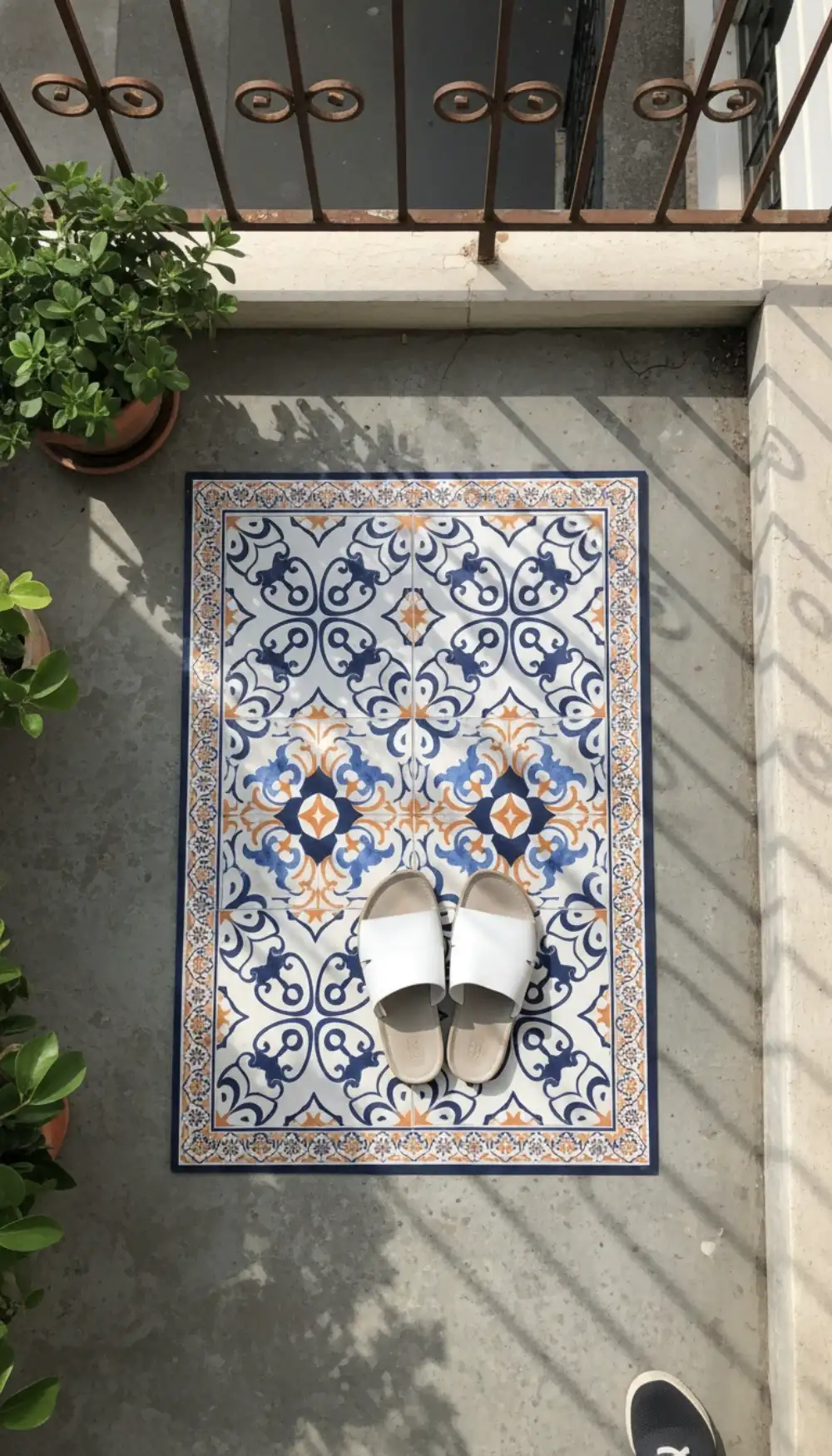 Vinyl floor mat printed with a colorful Portuguese tile pattern