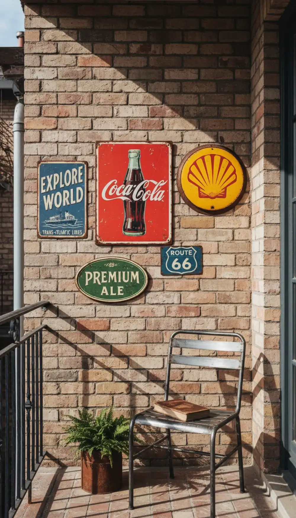 Colorful vintage soda and travel metal signs on a brick wall