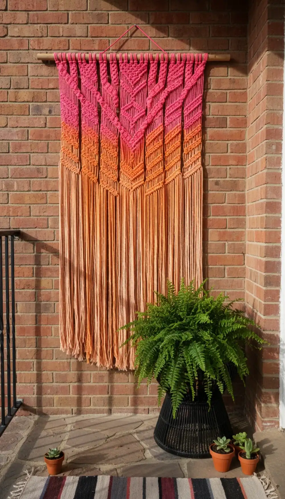 Large colorful macrame wall hanging on a balcony brick wall