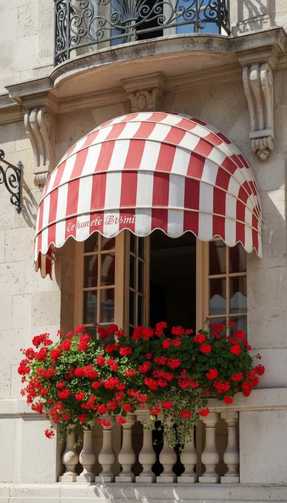 Classic red and white striped fabric awning over a balcony window