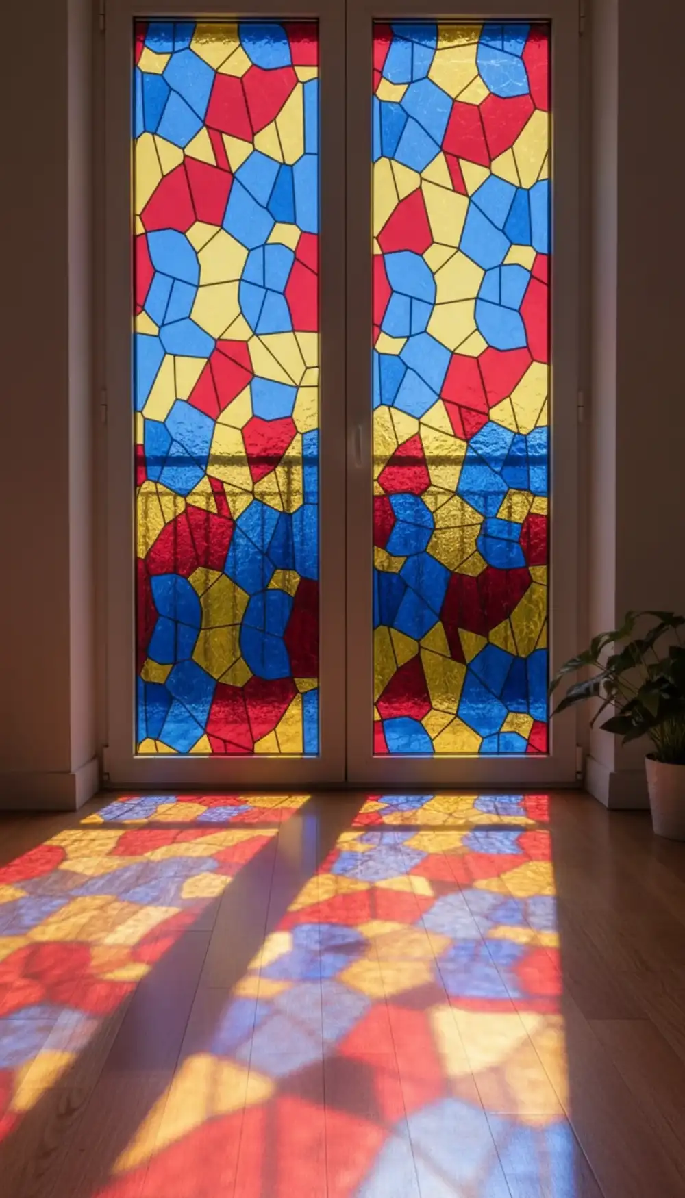 Balcony glass door covered in colorful stained glass privacy film
