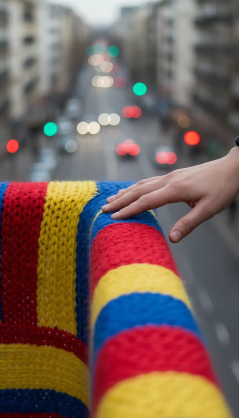 Balcony railing wrapped in colorful yarn bombing knitting