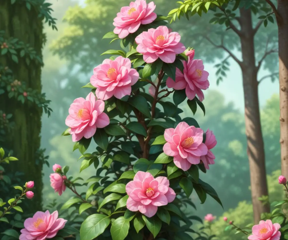 A tall, narrow columnar camellia bush with vibrant pink blossoms and glossy green leaves against a blurred garden background.