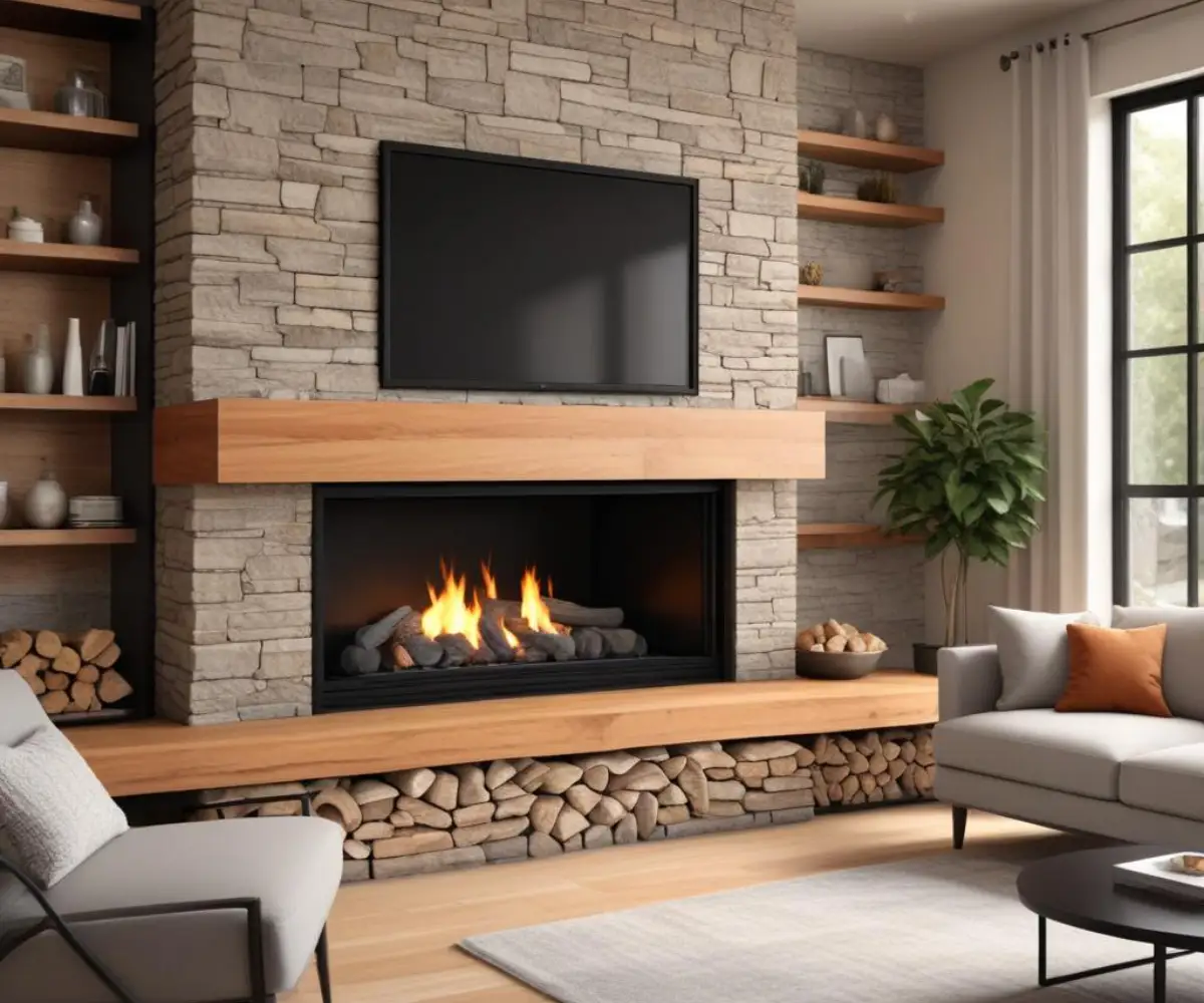 A modern combination gas and wood fireplace with a sleek black frame and a clear glass door, set against a stacked stone wall.