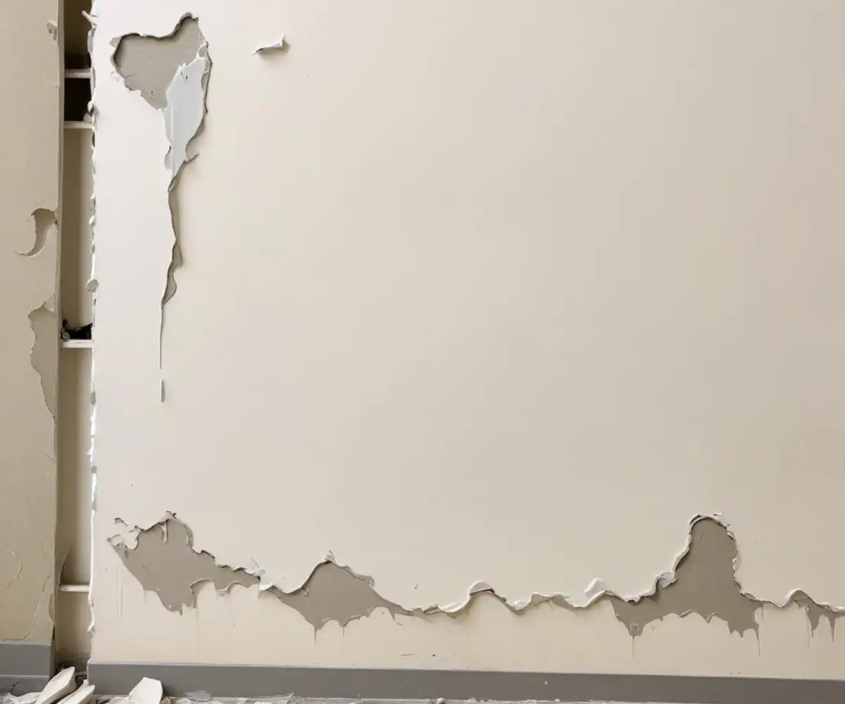 A white wall with a patch of peeled paint and damaged drywall where an adhesive strip was removed.