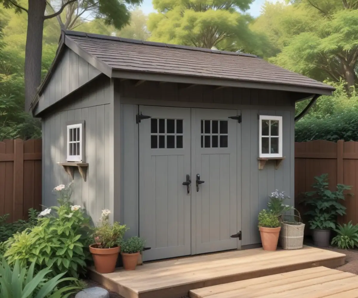A modern outdoor storage shed constructed with composite materials, situated on a composite decking foundation in a backyard setting.