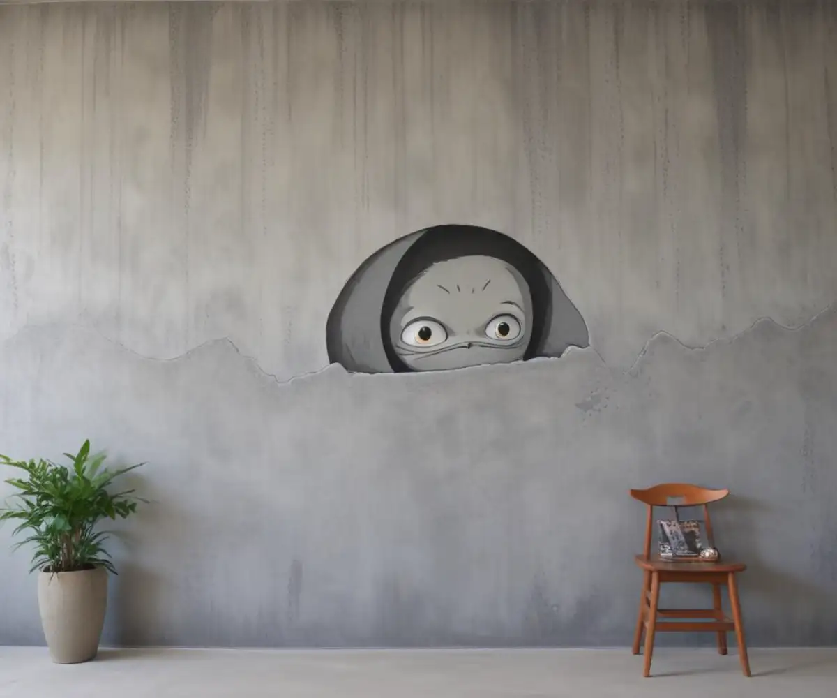 An interior accent wall with a textured, gray, faux concrete finish applied over drywall.