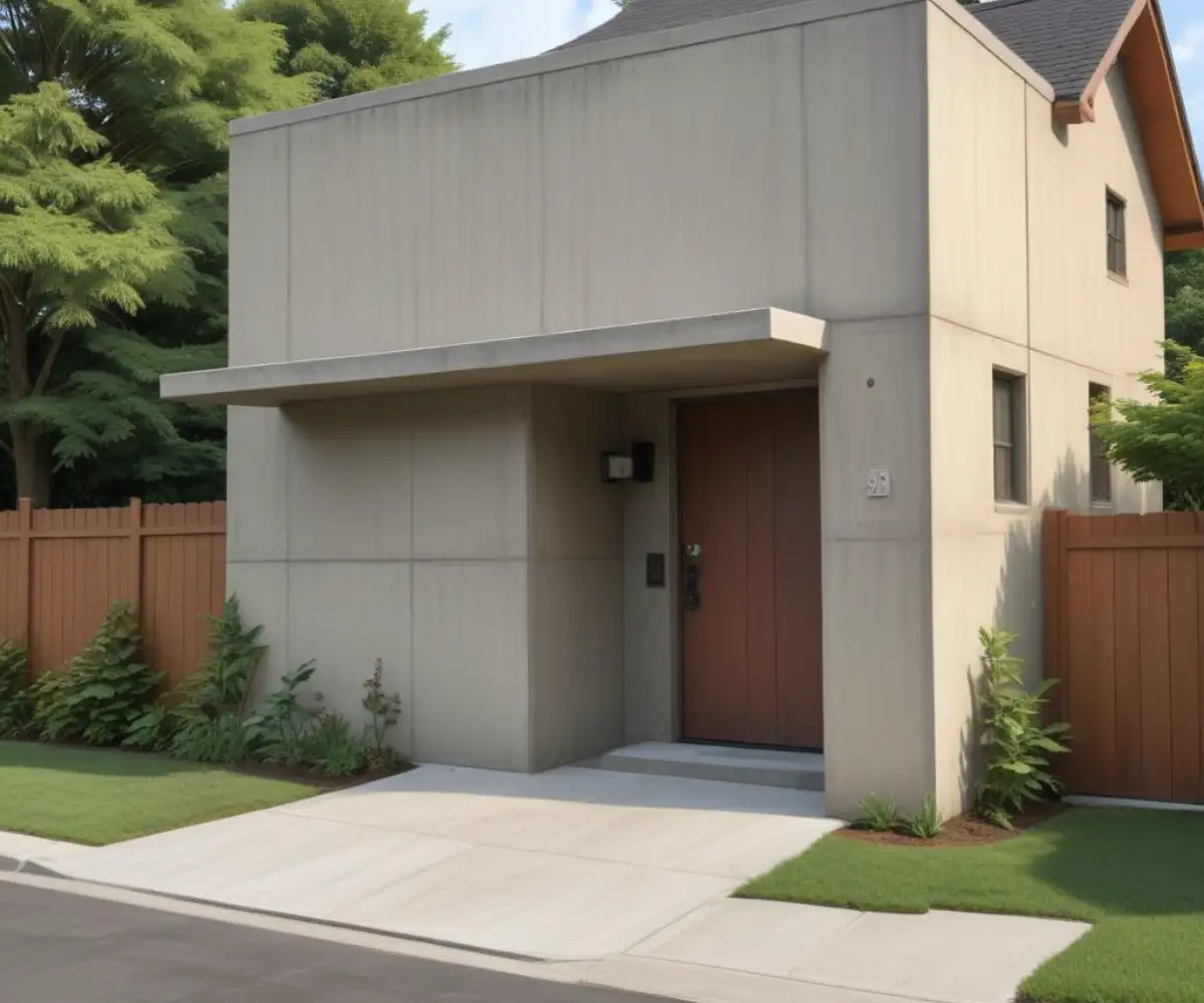 A newly poured, rectangular concrete slab at the exterior entrance to a house with neutral-colored siding.