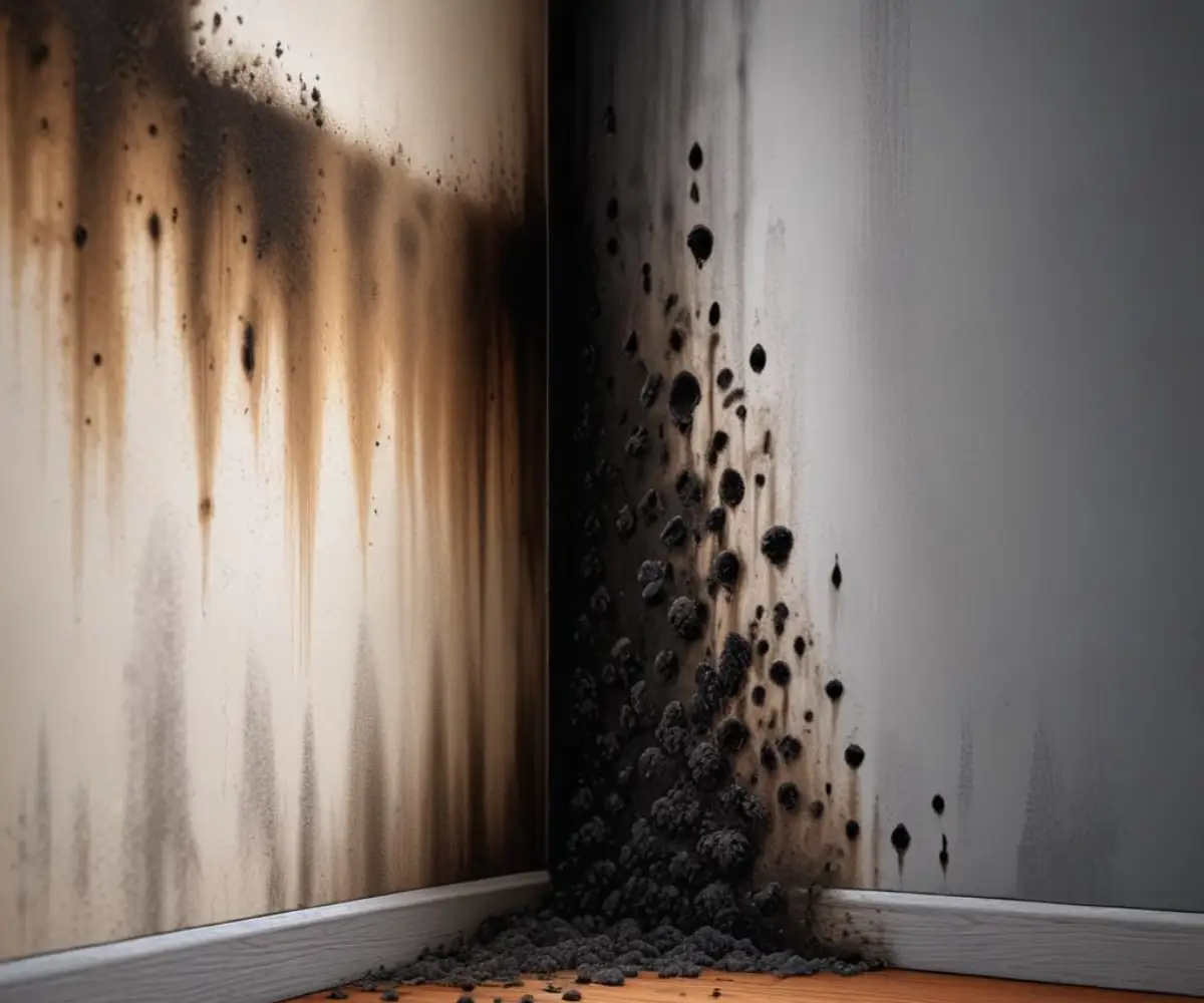 A dark patch of black mold growing on a damp interior wall corner before treatment.