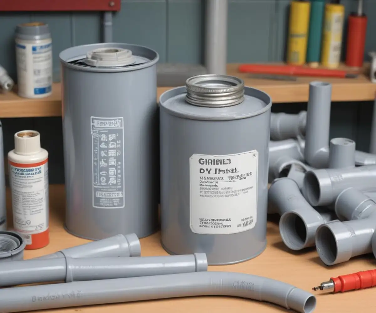 Gray electrical PVC conduit pipes and fittings next to a can of solvent cement on a workbench.