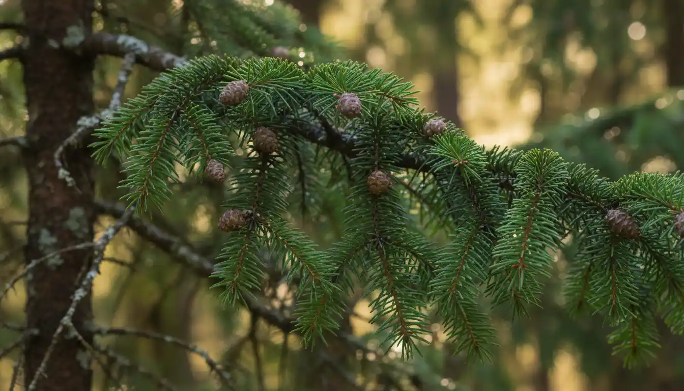 A lush green conifer branch with detailed needles and small pinecones.