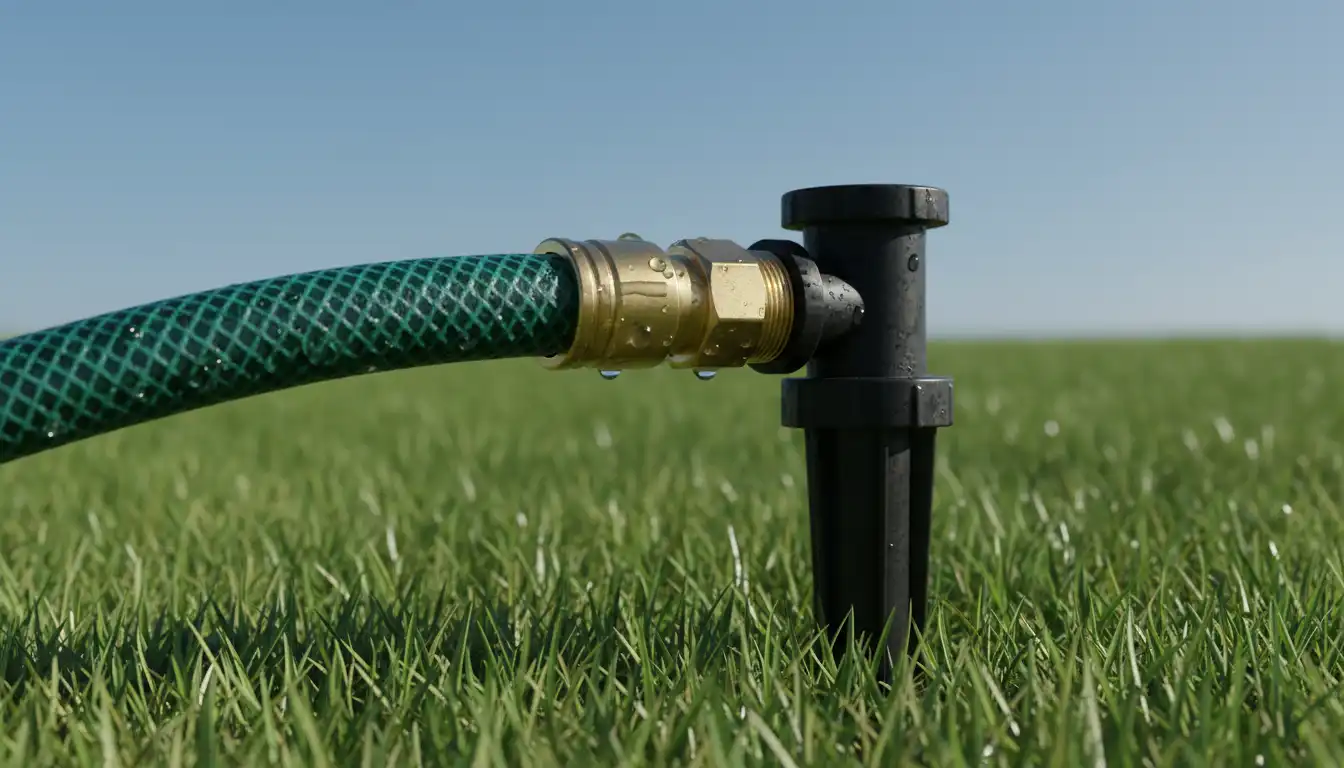 A brass quick-connect adapter joining a green garden hose to a black underground sprinkler system riser in a green lawn.