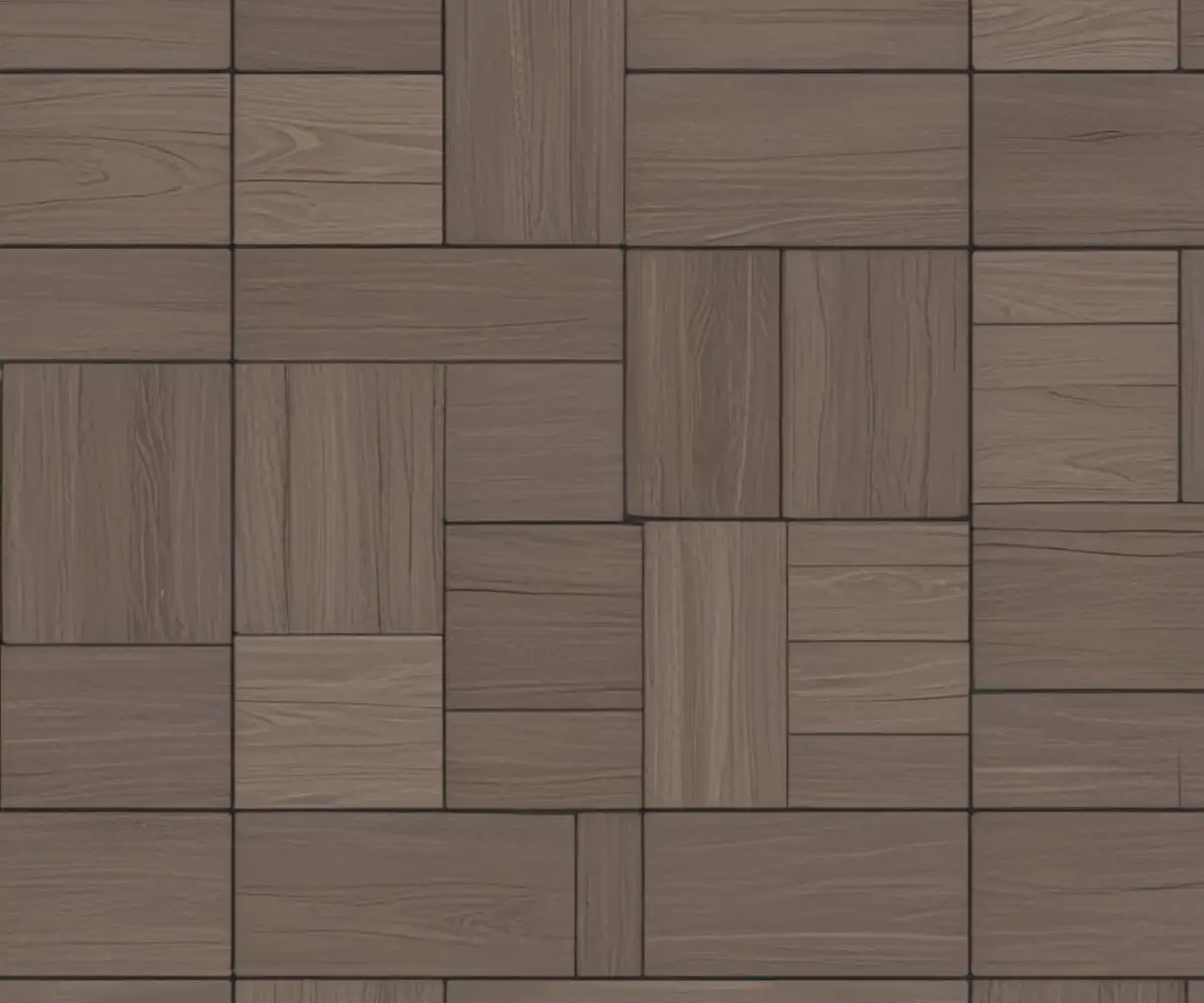 Interlocking dark grey porcelain floor tiles with a textured, matte wood-grain finish installed in a grid pattern.