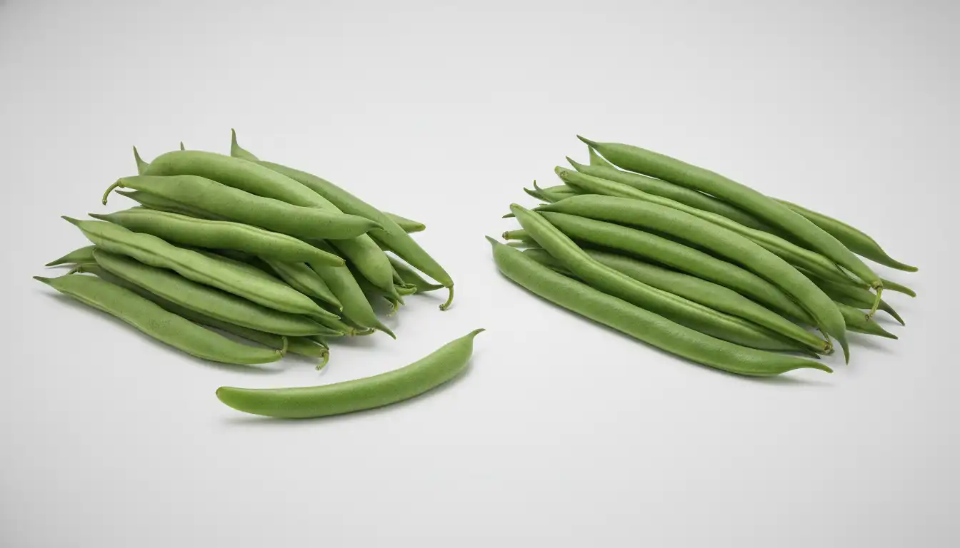 A side-by-side comparison of Contender and Blue Lake green bean pods on a neutral, solid-colored background.