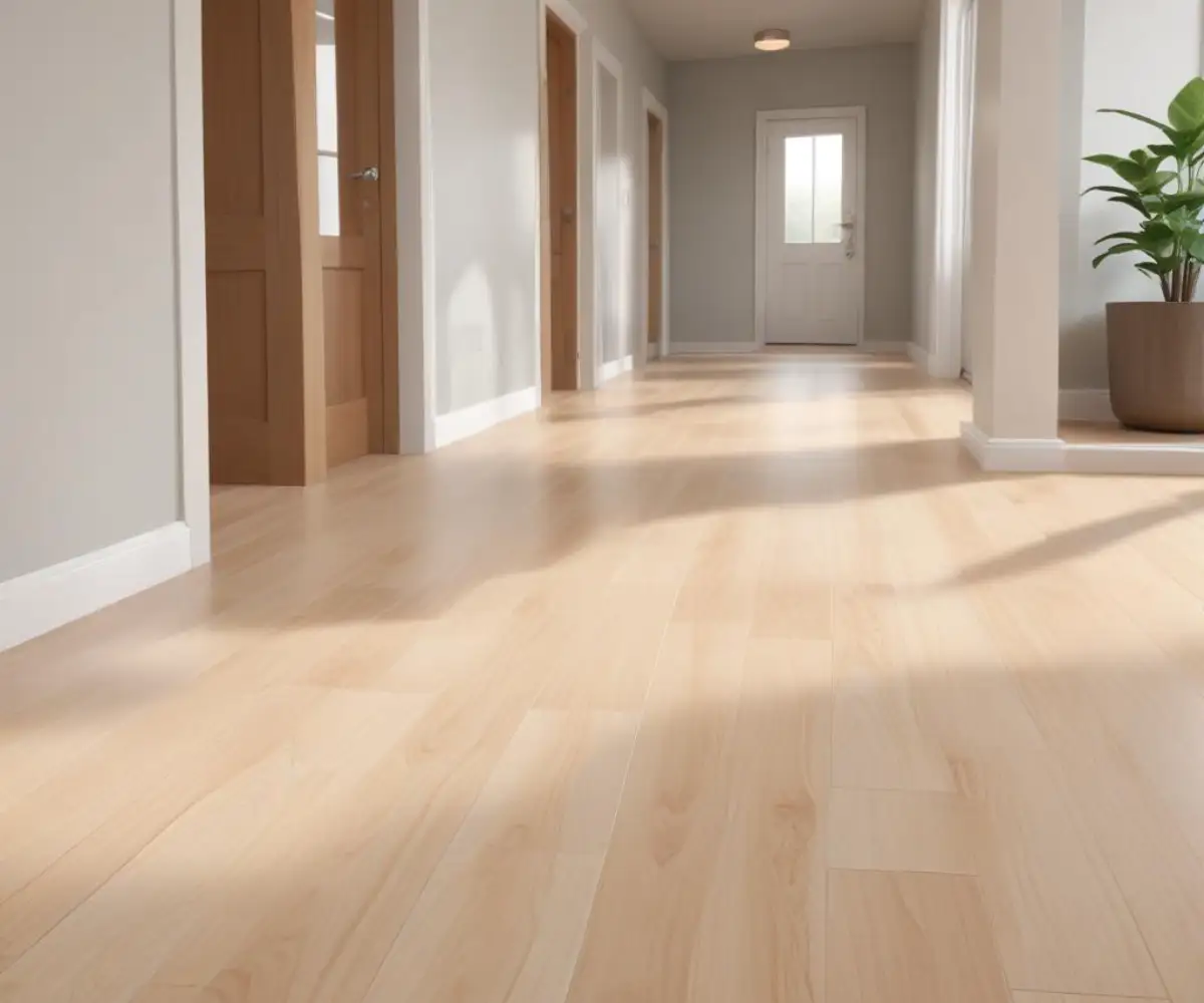 Seamless light-colored laminate flooring extending from a hallway into an adjoining room.