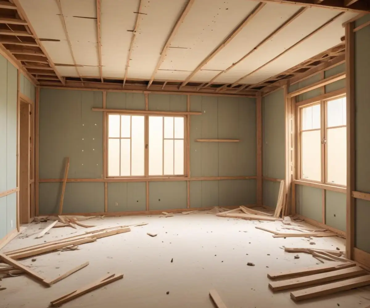 An empty room under construction with exposed wooden wall studs and unfinished drywall.