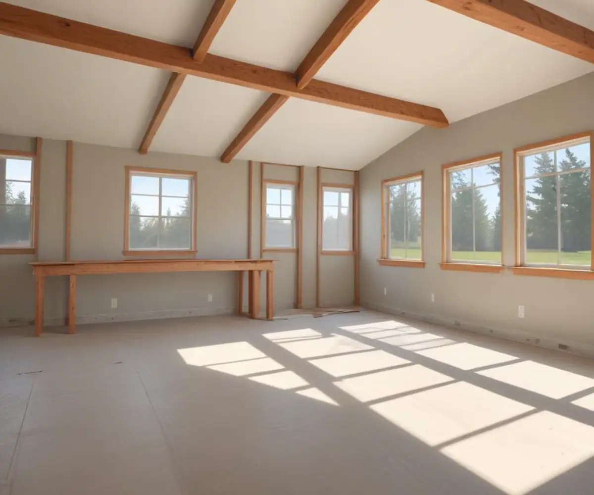 An empty, transitional living space with exposed ceiling beams and unfinished drywall during a duplex to single-family home conversion.