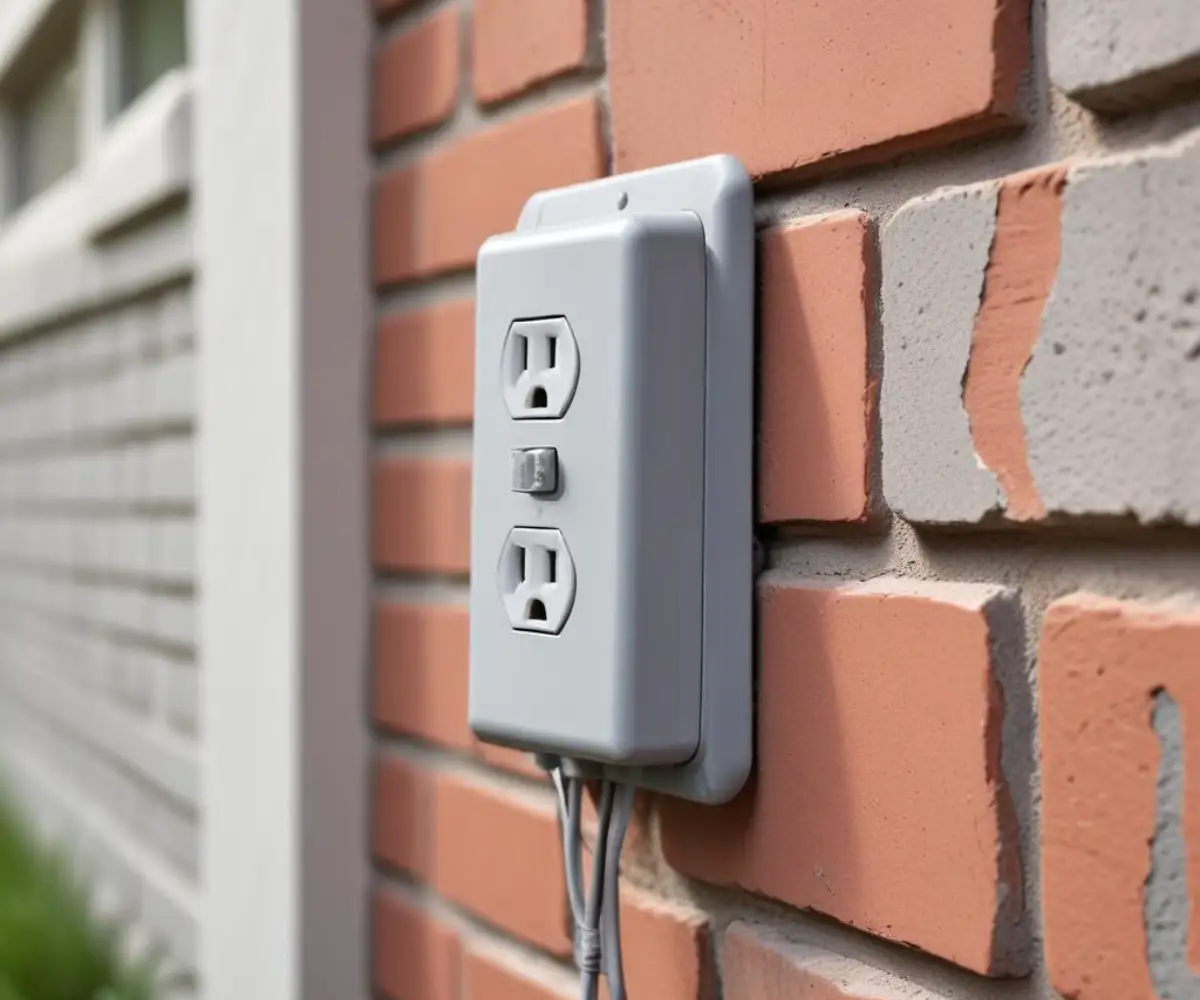 A weatherproof outdoor electrical outlet with a gray protective cover mounted on a brick exterior wall.