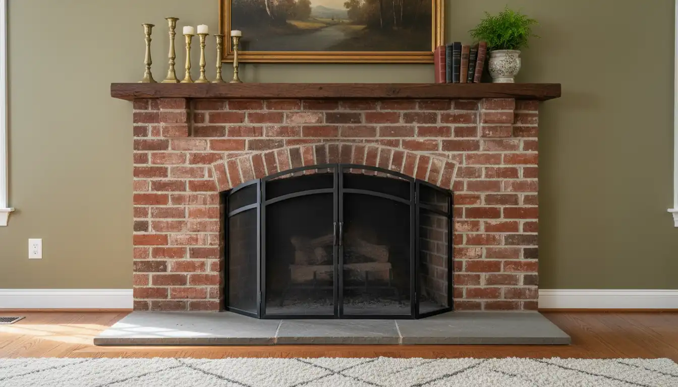 Classic brick fireplace with a black metal screen and a wooden mantel.