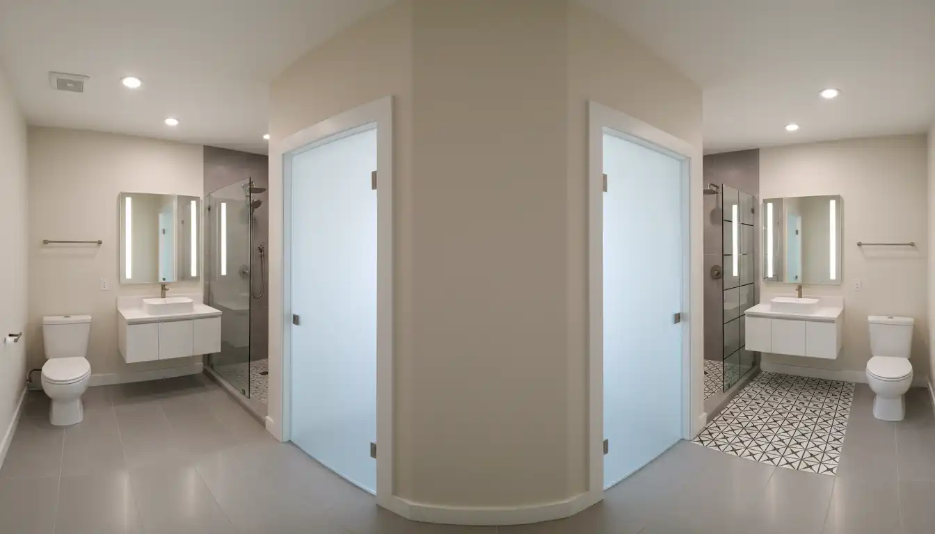A newly constructed wall dividing a large bathroom into two separate functional washrooms with modern fixtures and tile flooring.