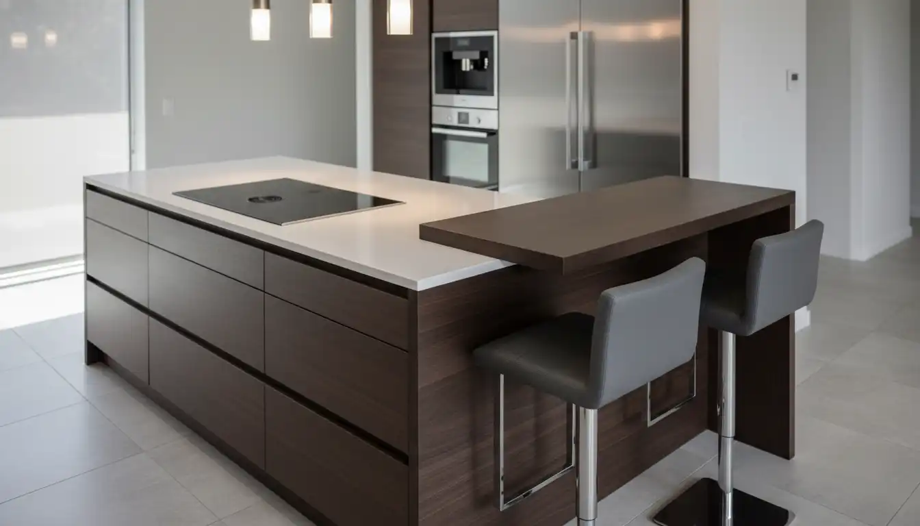 A modern kitchen island with a sleek, black electric cooktop integrated into a white quartz countertop.