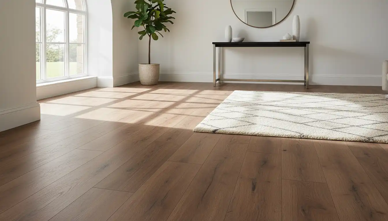Scratch-resistant luxury vinyl plank flooring with a realistic wood grain texture in a well-lit entryway.