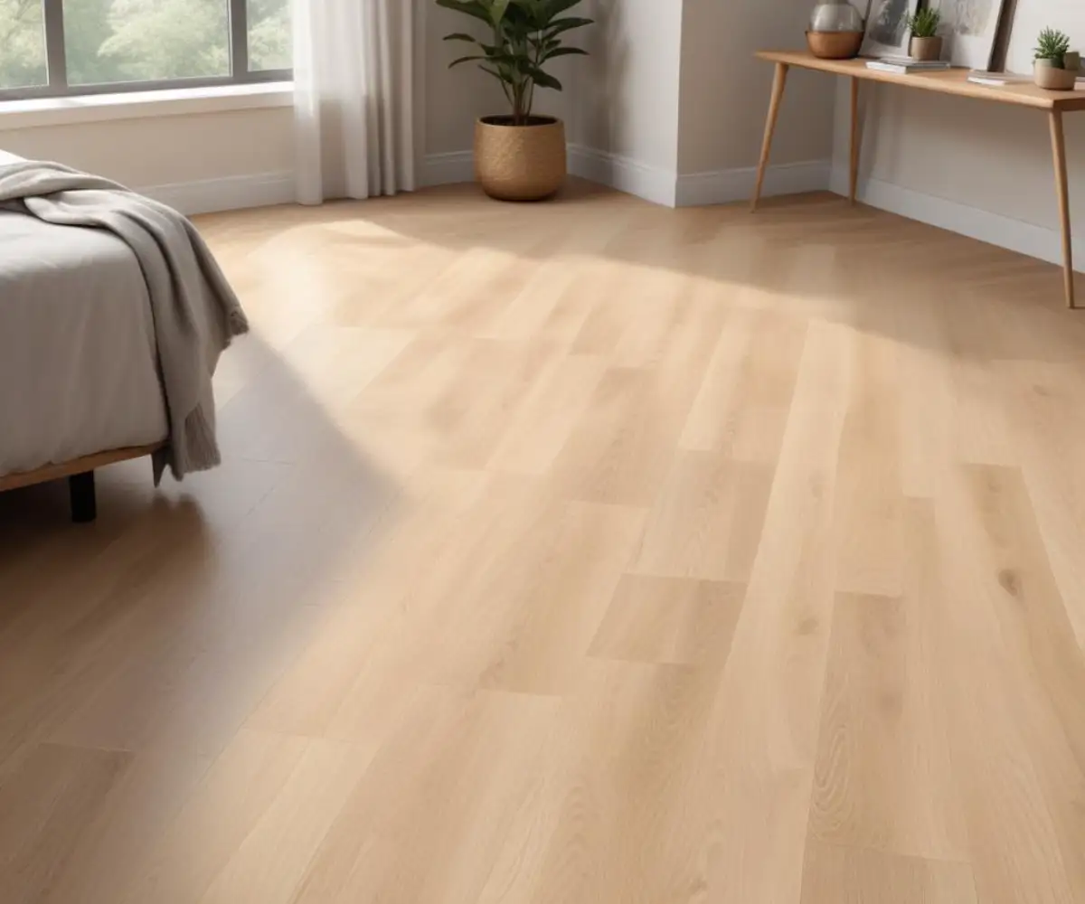 Light-toned Calypso Oak luxury vinyl planks laid out in a herringbone pattern in a well-lit, contemporary room.