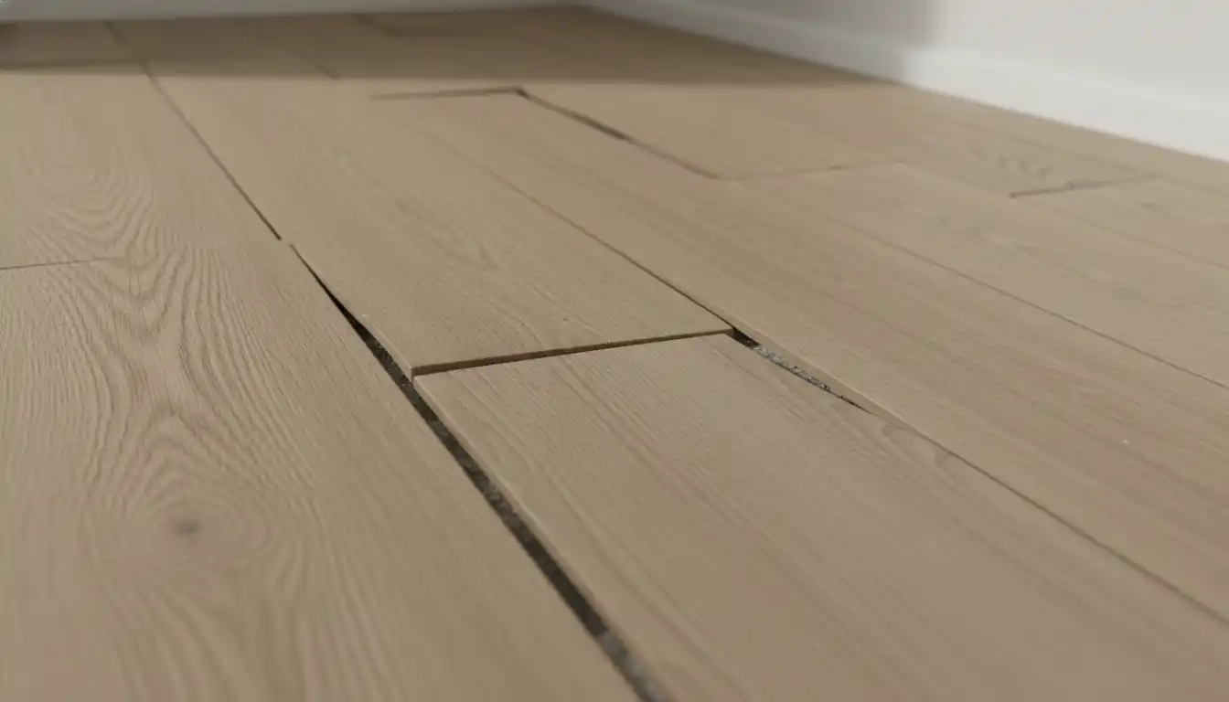 Luxury vinyl plank flooring with visible gaps and separation between the boards, on a light wood-look floor.