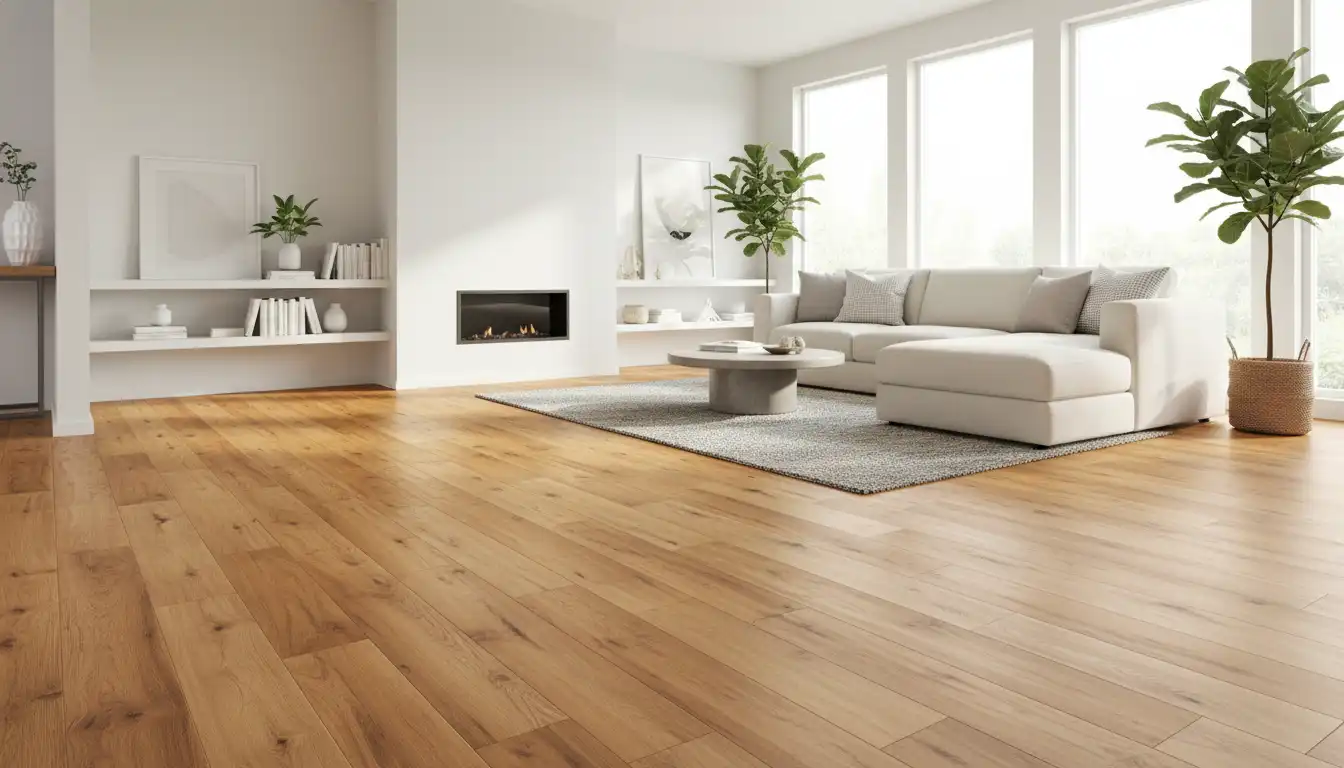 Wide plank Makkah Oak luxury vinyl flooring installed in a brightly lit living room.