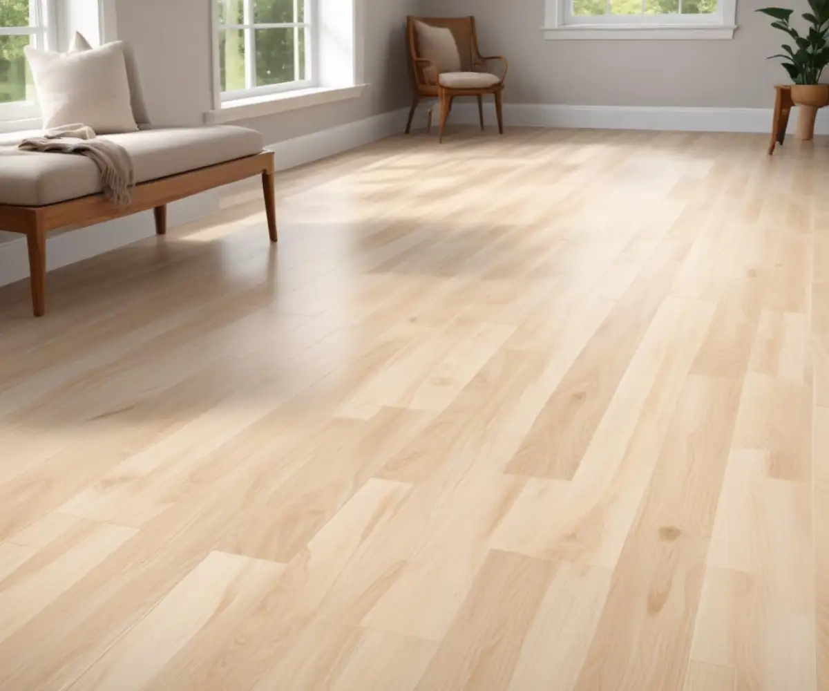 Light-toned, wood-grain luxury vinyl plank flooring installed in a brightly lit room.