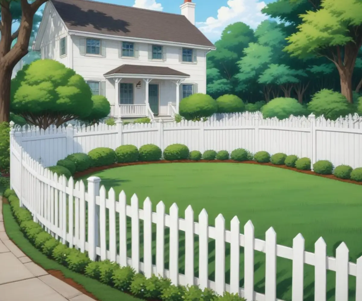 A white vinyl privacy fence with a lattice top enclosing the yard of a corner lot property with green grass and manicured shrubs.