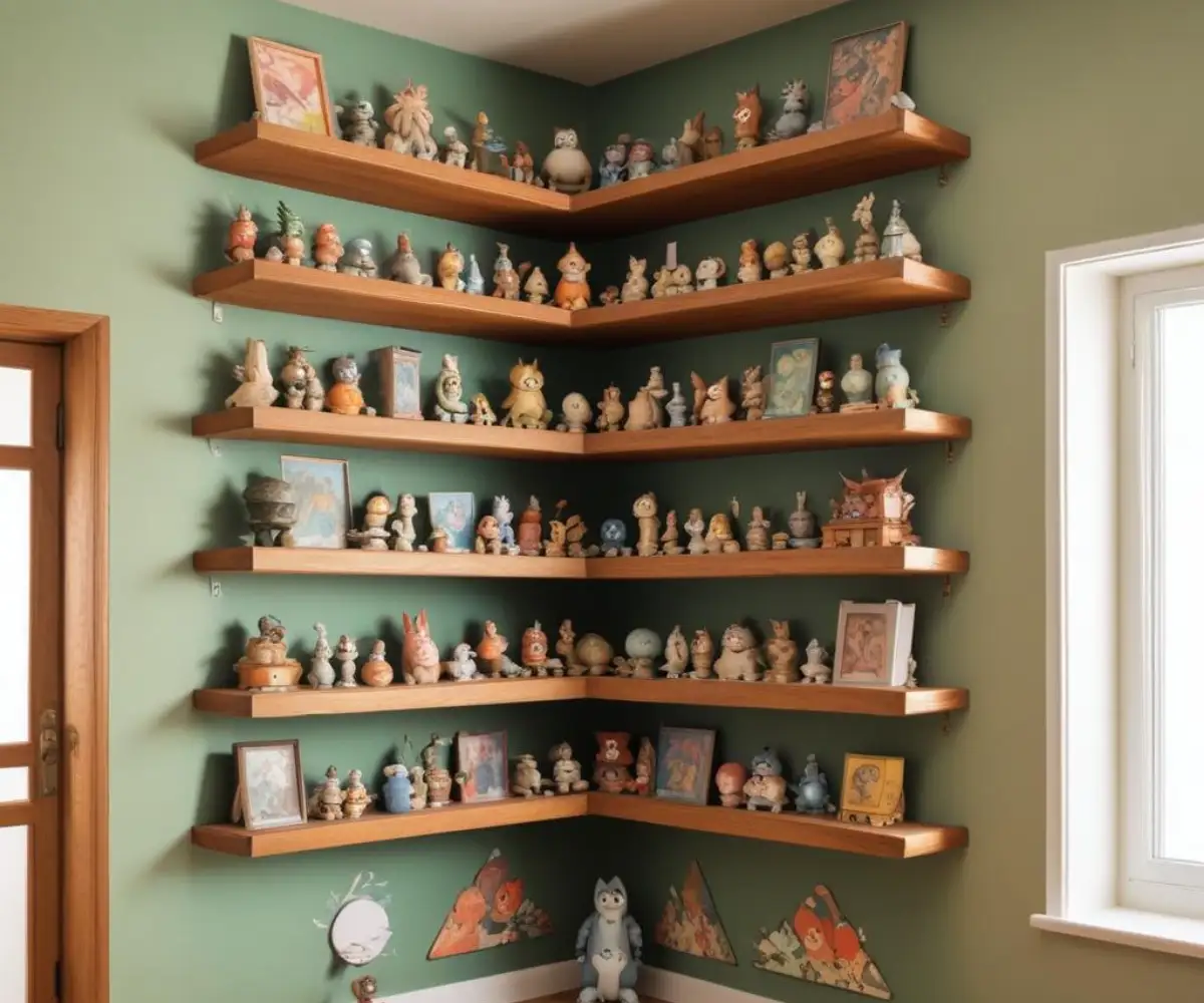 Floating wooden shelves custom-fit into an acute-angle wall corner.