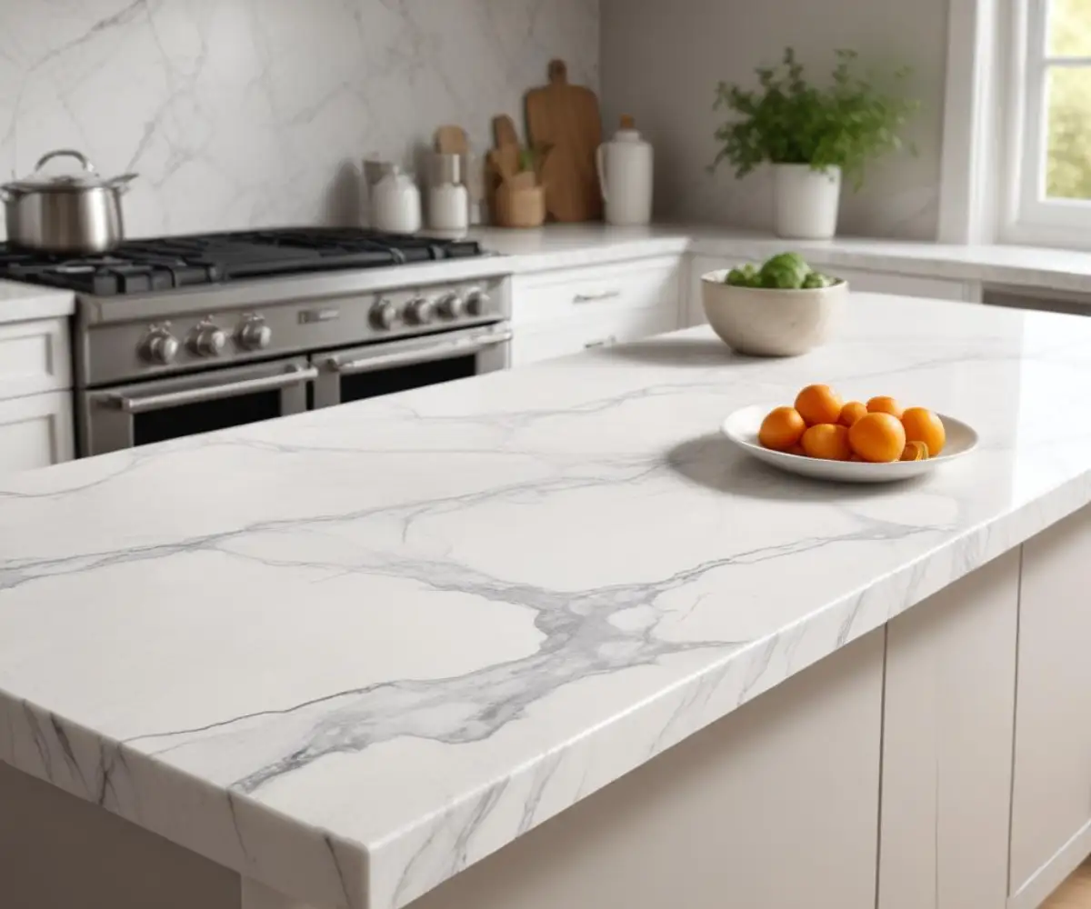 A close-up of a white and gray veined Cosmos quartz kitchen countertop showcasing its polished, smooth texture.