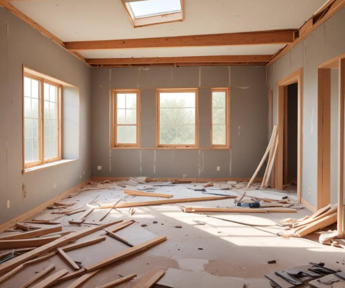 Interior of a house undergoing a major structural renovation with exposed wall framing and new drywall.