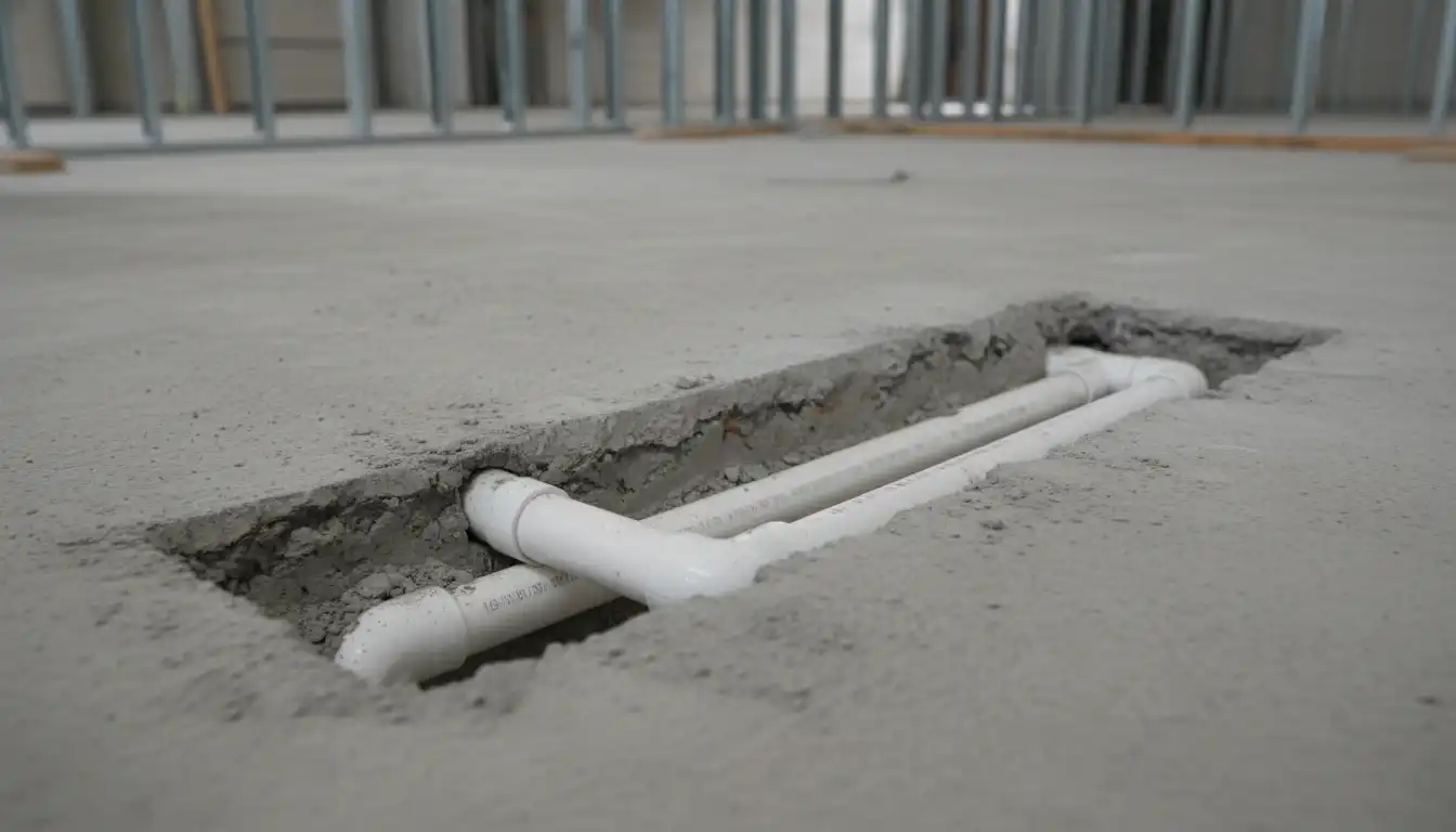 New PVC plumbing pipes set into a freshly cut channel in a concrete slab floor